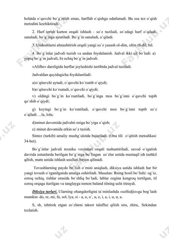 h uziladi. n-sonor tovushini (ovozni) uzmay a tovushga ulashni amalga oshiradi, shunda bo`g`in hosil bo`ladi, n tovushi uzilib a tovushini alohida aytib so`ngra na deb o`qisa, bo`g`in hosil bo`lmaydi. bunday holatda o`quvchi bo`g`inlab emas, harflab o`qishga odatlanadi. bu esa tez o`qish metodini kechiktiradi. 2. harf terish karton orqali ishlash - so`z tuziladi, so`zdagi harf o`qiladi, sanaladi, bo`g`inga ajratiladi. bo`g`in sanaladi, o`qiladi. 3. undoshlarni almashtirish orqali yangi so`z yasash ol-dim, oltin til-dil, bil. 4. bo`g`inlar jadvali tuzish va undan foydalanish. jadval ikki xil bo`ladi: a) yopiq bo`g`in jadvali, b) ochiq bo`g`in jadvali. «alifbe» darsligida harflar joylashishi tartibida jadval tuziladi. jadvaldan quyidagicha foydalaniladi: 1. o`qituvchi aytadi, o`quvchi ko`rsatib o`qiydi; 1. o`qituvchi ko`rsatadi, o`quvchi o`qiydi; v) oldingi bo`g`in ko`rsatiladi, bo`g`inga mos bo`g`inni o`quvchi topib qo`shib o`qiydi; g) keyingi bo`g`in ko`rsatiladi, o`quvchi mos bo`g`inni topib so`z o`qiladi. ...la, lola; 1. minut davomida jadvalni eniga bo`yiga o`qish; 1. minut davomida erkin so`z tuzish. sintez (tarkib) …