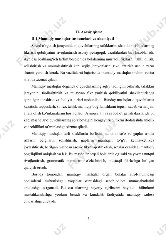 to‘g‘ri tanlash va uni didaktik jihatdan asoslab qo‘llash nafaqat o‘quvchilarning fikrlash qobiliyatini rivojlantiradi, balki ularning nutq madaniyati, mustaqil fikr yuritish va ijodiy yondashuvlarini shakllantirishda muhim o‘rin tutadi. mantiqiy mashqlar nafaqat tafakkurni rivojlantirishga, balki nutqning mantiqiy tuzilishini shakllantirishga ham xizmat qiladi. o‘quvchilar bu orqali o‘z fikrlarini tushunarli, aniq va izchil bayon qilishga intiladilar. ayniqsa savod o‘rgatish davrida, yangi harflarni o‘rganish, so‘z yasash, gap tuzish kabi jarayonlar mantiqiy izchillikni talab etadi. har bir yangi o‘zlashtirilgan element (harf, so‘z, gap) o‘zaro aloqador bo‘lib, ularni tushunishda mantiqiy fikrlash zarur. yosh maktab o‘quvchisining tafakkuri obrazli va aniq holatlarni tasavvur qilishga moyil bo‘ladi. shu sababli mashqlar ham o‘quvchining yoshiga mos, hayotiy, qiziqarli va vizual jihatdan aniq bo‘lishi kerak. misol uchun, "ortiqcha so‘zni toping", "so‘zlarni tartibga keltiring", "gapga mos rasmni tanlang", "gapda yetishmayotgan bo‘g‘in yoki so‘zni toping" kabi mashqlar bolaning diqqat-e’tiborini faollashtiradi, mantiqiy fikrlashni talab qiladi va darsga bo‘lgan qiziqishni oshiradi. ayni vaqtda, mantiqiy mashqlar yordamida o‘quvchilar …