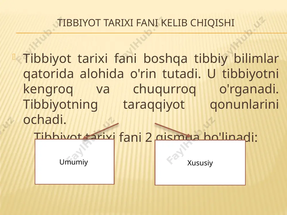 kalar yaratilishi esa kasallikka aniq va to’g’ri tashxis qo’yishda juda katta ro’l o’ynaydi. adabiyotlar ro’yhati norqulov j., a.a. qodirov “tibbiyot tarixi” – t 2005-y михаил ш. сто рассказов из истории медицини – москва 2019 г gadayev a., raximova m., “salomatlik saboqlari” – t 2016-y internet saytlari ma’lumotlari: google.com ziyo.net lexuz e’tiboringiz uchun rahmat! image3.png image4.png image5.png image6.png image7.png image8.png /docprops/thumbnail.jpeg