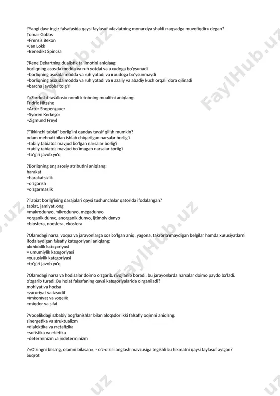 ra ?olamdagi narsa, voqea va jarayonlarga xos bo'lgan aniq, yagona, takrorlanmaydigan belgilar hamda xususiyatlarni ifodalaydigan falsafiy kategoriyani aniqlang: alohidalik kategoriyasi = umumiylik kategoriyasi =xususiylik kategoriyasi =to'g'ri javob yo'q ?olamdagi narsa va hodisalar doimo o'zgarib, rivojlanib boradi, bu jarayonlarda narsalar doimo paydo bo'ladi, o'zgarib turadi. bu holat falsafaning qaysi kategoriyalarida o'rganiladi? mohiyat va hodisa =zaruriyat va tasodif =imkoniyat va voqelik =miqdor va sifat ?voqelikdagi sababiy bog'lanishlar bilan aloqador ikki falsafiy oqimni aniqlang: sinergetika va struktualizm =dialektika va metafizika =sofistika va ekletika =determinizm va indeterminizm ?«o'zingni bilsang, olamni bilasan», - o'z-o'zini anglash mavzusiga tegishli bu hikmatni qaysi faylasuf aytgan? suqrot =pifagor =demokrit =epikur ?falsafaning bilish masalalari bilan shug'ullanuvchi sohasini aniqlang: gnoseologiya =aksiologiya =ontologiya =praksiologiya ?bilish ob'ektini aniqlang: insonning bilim hosil qilish uchun ilmiy faoliyatiga qaratilgan barcha narsa, hodisa, jarayon, munosabatlar =faqat tabiat hodisalari =faqat jamiyat (ijtimoiy) munosabatlar =faqat insonning o'zi ?bilish sub'ektini aniqlang: bilish bilan shug'ulanuvchi kishilar va butun insoniyat =bilish bilan …