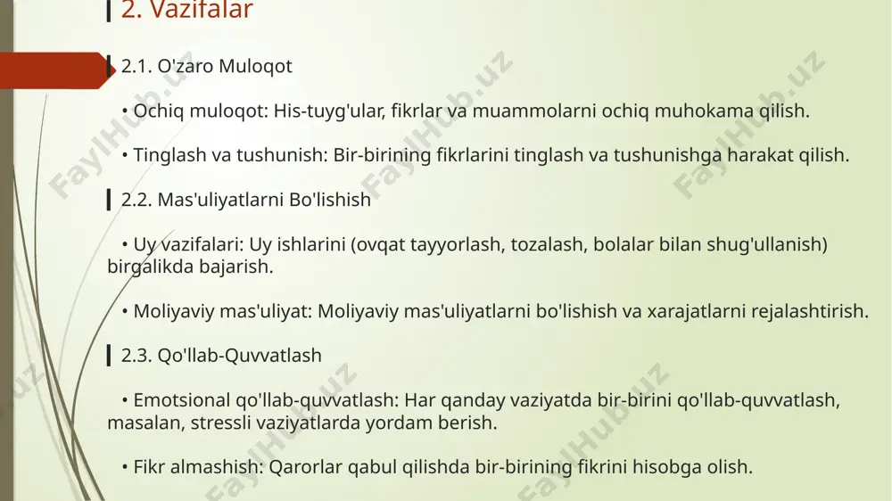 r tamoyil bo'yicha batafsil izohlar keltirilgan: 1. ochiq muloqot • his-tuyg'ularni ifoda etish: ochiq muloqot er-xotinlar o'rtasida his-tuyg'ularni ifoda etish imkonini beradi. bu, masalan, bir-biriga qanday his qilayotganini, nimalarga muhtojligini va qanday muammolar borligini ochiq aytishni anglatadi. • aktiv tinglash: ochiq muloqot faqat gapirish emas, balki bir-birini tinglash hamdir. aktiv tinglash, ya'ni boshqa odamning so'zlarini tushunishga va ularga javob berishga harakat qilish, munosabatlarni yanada chuqurlashtiradi. • muammo hal qilish: muammolar yuzaga kelganda, ularni yashirish o'rniga ochiq muhokama qilish muhimdir. bu er-xotinlarni bir-biriga yaqinlashtiradi. ▎2. bir-birini qo'llab-quvvatlash • o'zaro yordam: har bir insonning shaxsiy maqsadlari va orzulari bor. er-xotinlar bir-birining maqsadlariga erishishida yordam berishlari kerak. masalan, biri yangi ishga kirayotgan bo'lsa, ikkinchisi motivatsiya berishi yoki yordam ko'rsatishi mumkin. • ijobiy fikrlar: bir-birini qo'llab-quvvatlash uchun ijobiy fikrlar va rag'batlantirish zarur. bu, o'zaro ishonchni oshiradi va bir-biriga bo'lgan hurmatni kuchaytiradi. 3. birgalikda vaqt o'tkazish • umumiy qiziqishlar: er-xotinlar birgalikda qiziqarli faoliyatlar bilan shug'ullanishlari …