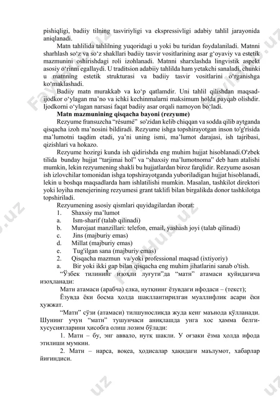 va his-tuyg‘ularini ifodalashda ko‘proq foydalaniladi. matn tahlili va tahriri badiiy tahlil - matn tahlilining murakkab turlaridan bo‘lib, unda xilma-xil vazifalar bajariladi. chunki bu tahlildan kuzatiladigan maqsad asarning xususiyatlarini o‘rganishdir. badiiy matnda kishilarning munosabatlar doirasida bir-biri bilan bog‘langan kishilar hayotining ma’lum davridagi voqealari tasvirlanadi. bu voqealarda davrning siyosiy ijtimoiy, madaniy va ahloqiy hayoti o‘z aksini topadi. matnning adabiy tahlilida quyidagi maslalarga alohida e’tibor berilishi lozim: 1.badiiy matn tahlilida tasvirlangan voqelik va shu voqelikka yozuvchining munosabati aniqlanadi. masalan: alisher navoiyning "farhod va shirin" dostonida olijanob fazilatlarini ulug‘lash, adolat va xalqparvarlik, do‘stlik va qahramonlik, muhabbat erkinligi va unga sadoqati asarni g‘oyaviy mazmunini tashkil qiladi. asarda xisrav, yosumon kabi yovuz kuchlar bilan farhod, shirin, mehnbonular o‘rtasidagi kurash ko‘rsatiladi. shoir farhod, mehnbonu, shirinlarning barcha harakatlariga xayrixohlik bildiradi. shohni adolatli bo‘lishiga undash g‘oyasini ilgari suradi. 2. tahlilda asarning mazmuniga ham shakliga ham e’tibor berish va mazmunning yetakchi rolini ta’kidlab o‘tish zarur. 3. asar tahlilida obrazlar asarning …