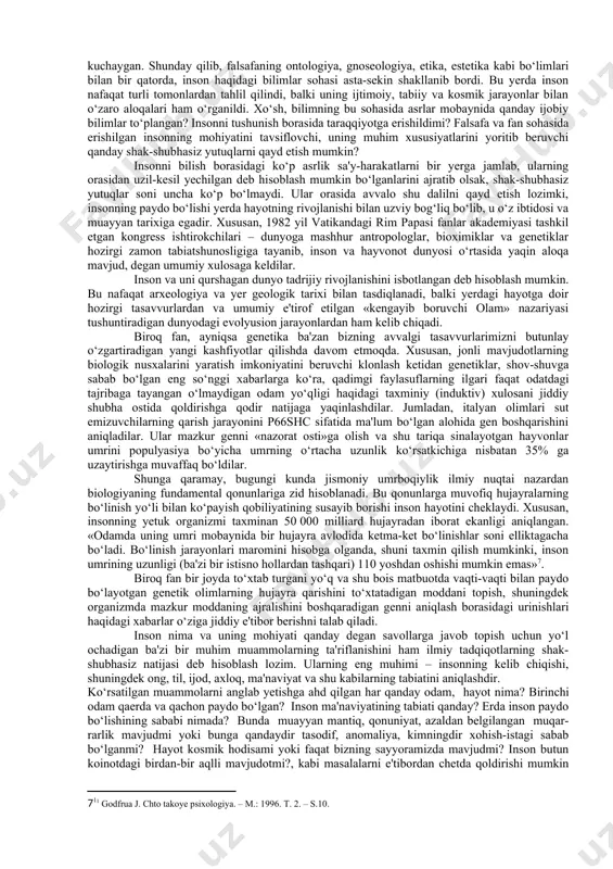 tnoteref:3]. beruniy fikricha, hamma odamlarda o‘zaro bir-biriga o‘xshash va ayni paytda farq qilib turadigan jihatlar mavjud. ibn sino, “inson boshqa barcha hayvonot olamidan so‘zi, tili va aqli, tafakkur qilishi bilan farq qiladi. inson aqli turli fanlarni o‘rganish yordamida boyiydi”[footnoteref:4], deb hisoblaydi. forobiy fikricha, inson o‘z tabiatiga ko‘ra hayotini tartibga keltirish, mustahkamlash va takomillashtirish uchun boshqa insonlarga muhtoj bo‘ladi. yakka holda hyech kim buning uddasidan chiqa olmaydi. “inson shunday maxluqotki, u faqat jamiyatda o‘z ehtiyojlarini qondirishi va oliy ma'naviy darajaga ko‘tarilishi mumkin”[footnoteref:5]. inson o‘z hayotining me'mori, ijodkori bo‘lmog‘i, o‘zida fozila xislatlar, iste'dodlarni tarbiyalashi lozim. bunga esa u jamiyatda yashab faoliyat ko‘rsatgandagina erishadi. inson ijtimoiy mavjudod. yolg‘izlik uzlat uni qashshoqlashtiradi, insoniy qiyofasini va baxtga olib boradigan iste'dodini yo‘qotadi. ibn xaldun insonga ijtimoiy voqyelik sifatida qaraydi. undan ijtimoiy mohiyat izlaydi. inson jonzot sifatida ezgulik va yovuzlik olamidir. shunga ko‘ra, u umrining har daqiqasida yovuzlikdan ko‘ra ezgulikka, yomonlikdan ko‘ra yaxshilikka, nafratdan ko‘ra muhabbatga intilib …