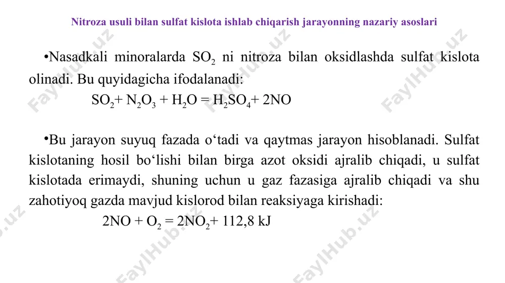 sir ko‘rsatadi. uning katta konsentratsiyalari bo‘gilish, nafas qisilishiga olib keladi. ishchi xonalarda so2, ning yol qo‘yiladigan konsentratsiyasi 10 mg/m3 bo’ladi. so2 ta’siridan himoyalanish uchun filtrlovchi «v» yoki «bkf» markali protivogazlardan foydalaniladi. kuchli shikastlangandan zarar ko‘rgan kishini xonadan tashqariga toza havoga olib chiqish, kislorod berish zarur. kerak bo’lgan hollarda tez tibbiy yordamni chaqirish lozim. so3 oltingugurt (vi) oksidi nafas yo’llarini qichitib, qattiq yo’talni qo‘zg‘atadi, o‘pkaning yalligdanishiga sabab bo’ladi. ishchi xonada so3 ning yo’l qo‘yiladigan konsentratsiyasi chegarasi 1mg/m3 atrofida bo’lishi mumkin. himoyalanish uchun «vkf» markali protivogazdan foydalaniladi. zaharlanganda 2 % li ichimlik sodasi bilan tomoqni chayish, tezda shifokorga murojaat etish lozim. sulfat kislota va oleum kishi tanasiga tekkanida kuchli, tez bitmaydigan kuydirishga sabab bodadi. tananing katta qismini kuydirish bilan shikastlashi juda xavfli. teriga sulfat kislota yoki oleum tekkanda uni bosim bilan oqayotgan suv bilan tezda yuvib tashlash kerak. so‘ngra terining kuygan joyini 5 % li soda eritmasi bilan namlab, vazelin surtib qo‘yish …