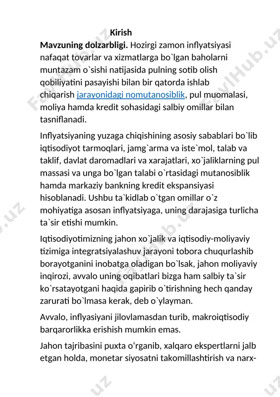 lyatsiya - bu tovarlar va xizmatlar baholarining o’sishi natijasida muomaladagi pul massasining ko’payishi va shuning natijasida pulning qadrsizlanishidir. p.graud va m.polan tomonidan amalga oshirilgan va inflyatsiyaga bag’ishlangan jiddiy ilmiy tadqiqotlardan biri bo’lib, ushbu ilmiy ish 165 mamlakatni va 1969-1999 yillarni qamrab oladi2. mazkur tadqiqot mualliflari inflyatsiyaning miqdoriylik nazariyasi qoidalaridan biri bo’lgan - pullarning o’sish sur’ati va inflyatsiya darajasi o’rtasida to’g’ri mutanosiblik mavjud, degan qoida to’g’ri va statistik ma’lumotlarda tasdiqlanadi, degan xulosaga keldilar. inflyatsiya sur’atlarining o’sishi bilan uning pullar taklifiga bog’liqligi yaqqolroq tarzda ko’zga tashlanib boradi. inflyatsiyaning oqilona darajasiga ega bo’lgan mamlakatlarda korrelyatsiya koefffitsienti 0,24 ga teng bo’lgan bo’lsa, inflyatsiya darajasi yuqori bo’lgan mamlakatlarda ushbu koeffitsient 1 ga yaqinlashdi. p. graud va m. polanlar tomonidan inflyatsiya darajasini uch qismga ajratgan holda – past, oqilona va yuqori darajalarga ajratgan holda, pullar taklifi va inflyatsiya sur’atlari o’rtasidagi bog’liqlikni, korrelyatsion tahlil natijalariga tayanilgan holda, asoslab berilganligi inflyatsiya va milliy valyutaning nominal almashuv kursi o’rtasidagi …
