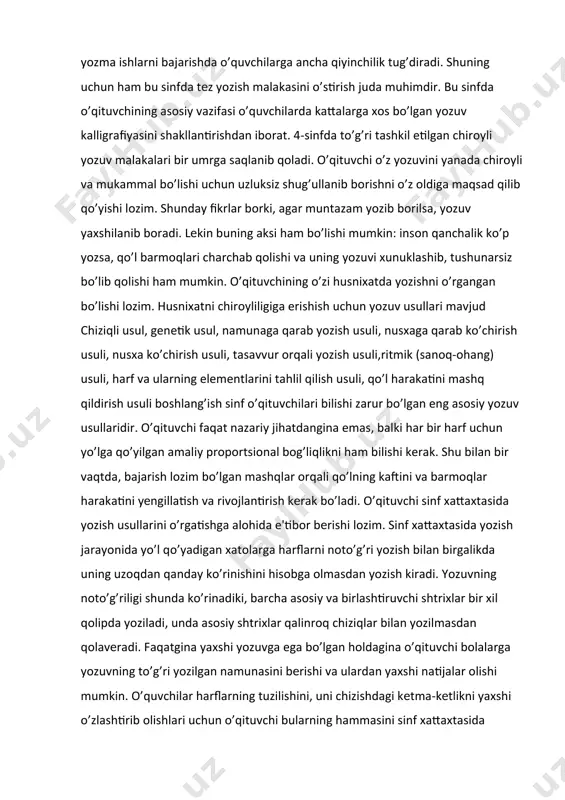 arini o'stirish. 3. bolalarning taqqoslash va chamalash qobiliyatlarini o'stiruvchi mashqlarni bajartirish. 4. qo'l va barmoq muskullarining harakatini o'stirish. tayyorgarlik mashqlarini bajarish uchun o'quvchilarni qora va rangli qalamlar hamda yozuv daftari bilan ta'minlash lozim. o'qituvchining bu davrda rangli bo'rlardan foydalanishi yaxshi samaralar beradi. 4-sinf o’quvchilarining yozuvlari kattalarga xosligi bilan xaraktеrlanadi. bu sinfda o’quvchilar qiynalmay erkin yozishga o’tadilar, ularning yozuv tеzligi ham ancha yuqori darajaga ko’tariladi. bu davrda o’quvchilar o’z fikrlarini tеzroq qog’ozga tushirishga harakat qiladilar. yozuv tеzligi past bo’lgan o’quvchilar esa ona tilidan bеrilgan topshiriqlarni bajarishda orqada qoladilar, ayniqsa, bu narsa diktant va yozma ishlarni bajarishda o’quvchilarga ancha qiyinchilik tug’diradi. shuning uchun ham bu sinfda tеz yozish malakasini o’stirish juda muhimdir. bu sinfda o’qituvchining asosiy vazifasi o’quvchilarda kattalarga xos bo’lgan yozuv kalligrafiyasini shakllantirishdan iborat. 4-sinfda to’g’ri tashkil etilgan chiroyli yozuv malakalari bir umrga saqlanib qoladi. o’qituvchi o’z yozuvini yanada chiroyli va mukammal bo’lishi uchun uzluksiz shug’ullanib borishni o’z oldiga maqsad qilib …