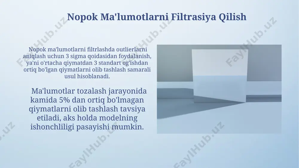 l gipotezani rad etish va muqobil gipotezani qabul qilish mumkin, bu statistik ahamiyatga ega degan ma'noni anglatadi. muammoning mohiyati “muammoli mohiyatni” bartaraf etish jarayoni 5 bosqichdan iborat boʻlib, har bir bosqich 2-3 kun vaqtni oladi va kamida 2 ta mutaxassisni jalb etadi. “muammoli mohiyatni” aniqlashda 30 dan ortiq ma’lumotlar to’plami tahlil qilinib, 15 tasi asosiy muammoli nuqtalarni aniqlash uchun yetarli deb topildi. yondashuvlarni tanlash noto'g'ri aniqlangan nuqtalar sonini kamaytirish uchun, k-means kabi klasterlash usullaridan foydalanib, 5-10 ta iteratsiyani amalga oshirish va har bir iteratsiyadan keyin natijalarni baholash kerak. yondashuv tanlashda, hisoblash murakkabligi va aniqlik o'rtasidagi muvozanatni topish muhim; masalan, linear regression algoritmi tezroq, lekin support vector machine aniqroq bo'lishi mumkin. natijalarni vizualizatsiya qilish klasterlash algoritmlari yordamida 5 ta turli xil toifadagi ma'lumotlar nuqtalarini ajratib, har bir toifadagi eng muhim 10 ta nuqtasini aniqlash va vizualizatsiyani soddalashtirish mumkin. differentsial analiz metodlarini qo'llab, funksiya egri chizig'ining 20% gacha bo'lgan "shovqinli" nuqtalarini aniqlab, …