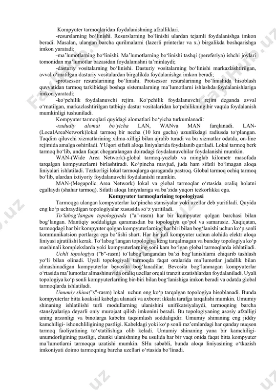 erlar o‘rtasidagi axborot to‘qnashishi va buzilishini oldini oladi yoki bartaraf qiladi. kompyuterlar tarmoqlari tashkil etilgandan so‘ng undagi barcha kompyuterlarning manzillari belgilanadi. chunki axborotlarni tarmoq orqali bir kompyuterdan boshqasiga uzatish kompyuter manzillari orqali amalga oshiriladi. jo‘natilayotgan axborotga oddiy hayotimizdagi xat jo‘natish jarayoni kabi uzatuvchi va qabul qiluvchi manzillari ko‘rsatiladi va tarmoqqa uzatiladi. har bir kompyuter kelgan axborotdagi qabul qiluvchi manzilini o‘zining manzili bilan solishtiradi, agar manzillar mos kelsa, u holda axborotni qabul qilib oladi va uzatuvchiga qabul qilib olganligi to‘g‘risida tasdiq yo‘llaydi. xuddi shu tariqa kompyuterlararo axborot almashiniladi. lokal, mintaqaviy va global komp’yuter tarmoqlari. kompyuter tarmoqlarini ularning geografik joylashishi, masshtabi hamda hajmiga qarab bir nechta turlarga ajratish mumkin, masalan: lokal tarmoq - bir korxona yoki muassasadagi bir nechta yaqin binolardagi komp’yuterlarni o‘zaro bog‘lagan tarmoq. mintaqaviy tarmoqlar – mamlakat, shahar, va viloyatlar darajasida kompyuterlarini va lokal tarmoqlarni maxsus aloqa yoki telekommunikatsiya kanallari orqali o‘zaro bog‘lagan tarmoqlar. global tarmoqlar - o‘ziga butun dunyo …