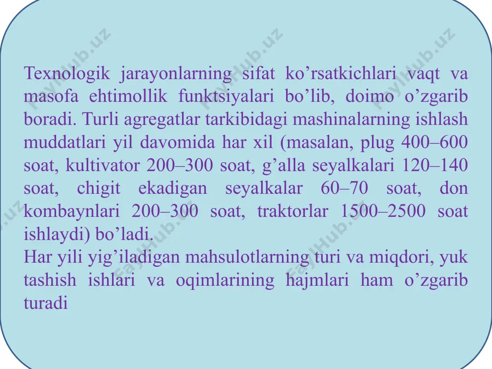 iga ishlov beradigan, yuk tashiydigan, yer haydaydigan, tirmalaydigan, ekadigan, ortadigan, o’radigan. 2. bir yo’la bajariladigan ishlarning soniga ko’ra: oddiy agregat – bitta texnologik jarayonni bajaradi; kompleks agregat – bir nechta texnologik jarayonlarni bajaradi; kombayn agregatlari (don kombaynlari, paxta terish mashinalari). kompleks va kombayn agregatlari ekspluatatsion ko’rsatkichlari asosida yetakchi o’rinlarda turadi. 3. texnologik jarayonlarni bajarish usuliga ko’ra: dalada harakatlanib ishlaydiganlar; bir yerdan qo’zg’almasdan (muqim) ishlaydigan agregatlar; ko’chma hamda bir yerda turib ishlaydigan agregatlar. 4. ishchi mashinalarning traktorga ulanish usuliga ko’ra: osma, yarimosma, tirkama va o’ziyurar agregatlarga bo’linadi. tirkama agregatlar deb, shunday agregatlarga aytiladiki, bunda traktorga qo’shiladigan mashina yurish qismiga ega bo’ladi va tirkama qurilma yordamida traktorga ulanadi. osma agregatlarda traktorga, ya’ni energiya manbasiga osilgan ishchi mashina o’zining yurish qismiga ega bo’lmaydi. o’zining tayanch g’ildiraklariga ega bo’lgan, transport holatda tuproqqa tegib turmaydigan, traktorga osilib, uning tayanch g’ildiraklariga ishchi mashina massasining bir qismini qabul qiladigan agregatlar yarimosma agregatlar deb ataladi. energiya manbai va …