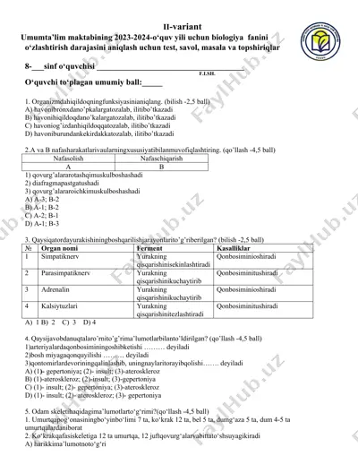 biologiya fanini o‘zlashtirish test savollar to‘plami — DOCX