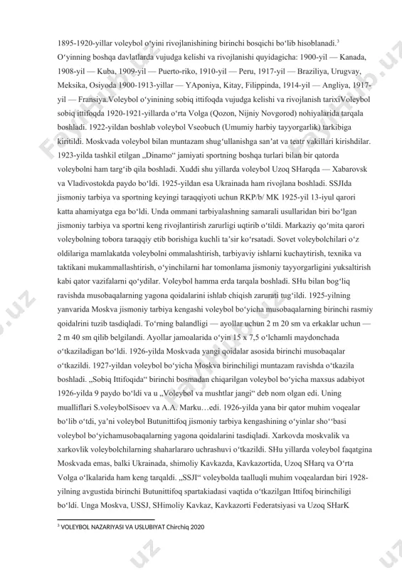 rdi. oʻzbekistonda bu sport turi bilan 700 mingdan ortiq kishi muntazam shugʻullanadi.[footnoteref:2] u maktablarda ommaviy tus olgan, jismoniy tarbiya boʻyicha dasturning ajralmas qismi hisoblanadi. voleybol 1894-yilda amerika qoʻshma shtatlarining massachusets shtatidagi xoliok shahrida yosh xristianlar ittifoqini jismoniy tarbiya boʻyicha rahbari pastor vilyam morgan tomonidan yaratilgan. u voleybol oʻyinini oddiy, koʻp mablagʻ sarflamasdan tashkil etishni koʻzda tutib yangi oʻyinning qoidalarini ishlab chiqdi. oʻyin nomini avvaliga mintonett deb nomladi. [1: https://uz.eferrit.com/24-volleybol-bilarmidingiz/] [2: https://uz.wikipedia.org/wiki/voleybol] 1896-yilda springfild shahridagi kollej direktori doktor alfred xalsted bu oʻyinga „voleybol“ deb nom berdi. „voleybol“ inglizcha soʻz boʻlib, oʻzbek tilida „parvoz qiluvchi toʻp“ degan maʼnoni bildiradi. 1897-yilda tadbiq etilgan baʼzi bir oʻyin qoidalari quyidagicha edi: -maydoncha chegaralari 7,6 x 15,1 m -toʻrning oʻlchamlari 0,65 x 8,2 m, balandligi 198 sm -toʻpning vazni 340 g, aylanasi 63,5 — 68,5 sm -oʻyinchilarning soni chegaralanmaydi va hokazo. 1895-1920-yillar voleybol oʻyini rivojlanishining birinchi bosqichi boʻlib hisoblanadi.[footnoteref:3] oʻyinning boshqa davlatlarda vujudga kelishi va rivojlanishi …