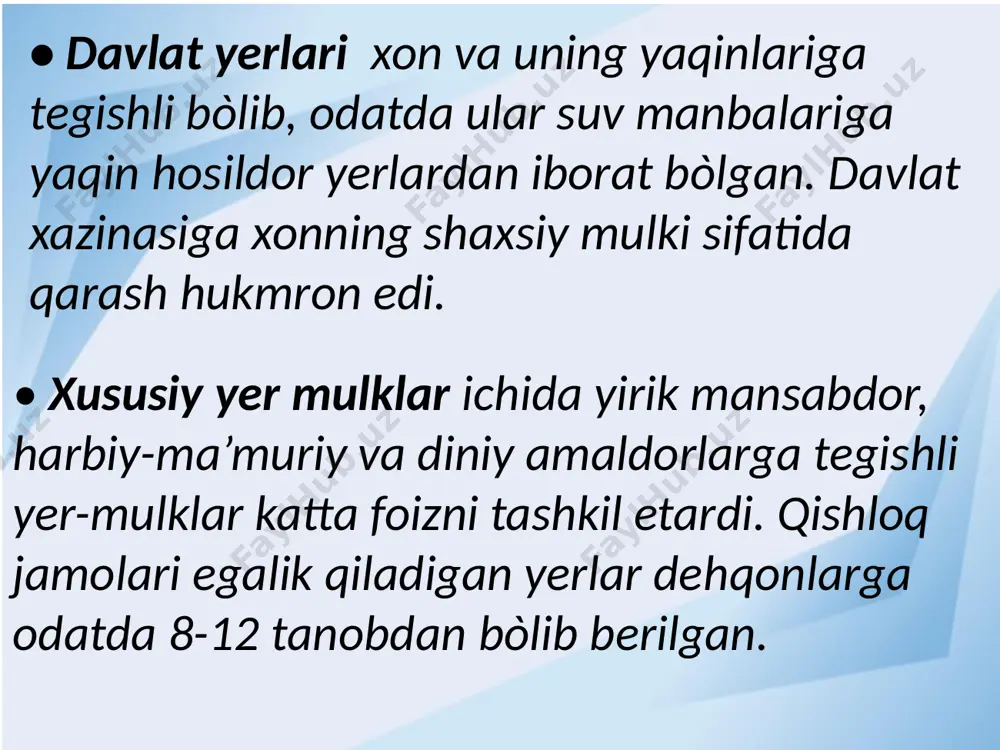 di rus-xiva savdo eksportida asosiy о‘rinda paxta xomashyosi turgan. xix asrning 70-90-yillarga kelib ikki davlat о‘rtasidagi savdo-sotiq ishlarida orenburg va nijniy novgorod yarmarkalari òrni katta ahamiyat kasb eta boshladi. bu yarmarkalar ikki davlat о‘rtasidagi savdo munosabatlarida asosiy vazifa bòlib xizmat qilardi. xiva xonligi òzining qо‘shni davlatlari bilan ham muhim savdo aloqalarini olib borgan. bu davlatlar buxoro, turkiston о‘lkasi, qozoqlar, qoraqalpoqlar, turkmanlar va amudaryo bòlimi, afg‘oniston, fors, hindiston, xitoy davlatlari bòlib, xonlikning iqtisodiy hayotida ushbu davlatlar muhim ahamiyat kasb etgan. xix asr. xiva foydalanilgan adabiyotlar: 1. абдурахимова н.а., эргашев ф.р. туркистонда чор мустамлака тизими. т.: 2002. 2. йулдошев м.й. хива хонлигида феодал ер эгалиги ва давлат тузилиши. - т.: 1959. 3. ахмедов б. узбекистон халклари тарихи манбалари (кадимги замон ва урта асрлар). t.: 2001. e'tiboringiz uchun rahmat. image1.jpeg image2.png image3.jpeg image4.jpeg image5.jpeg
