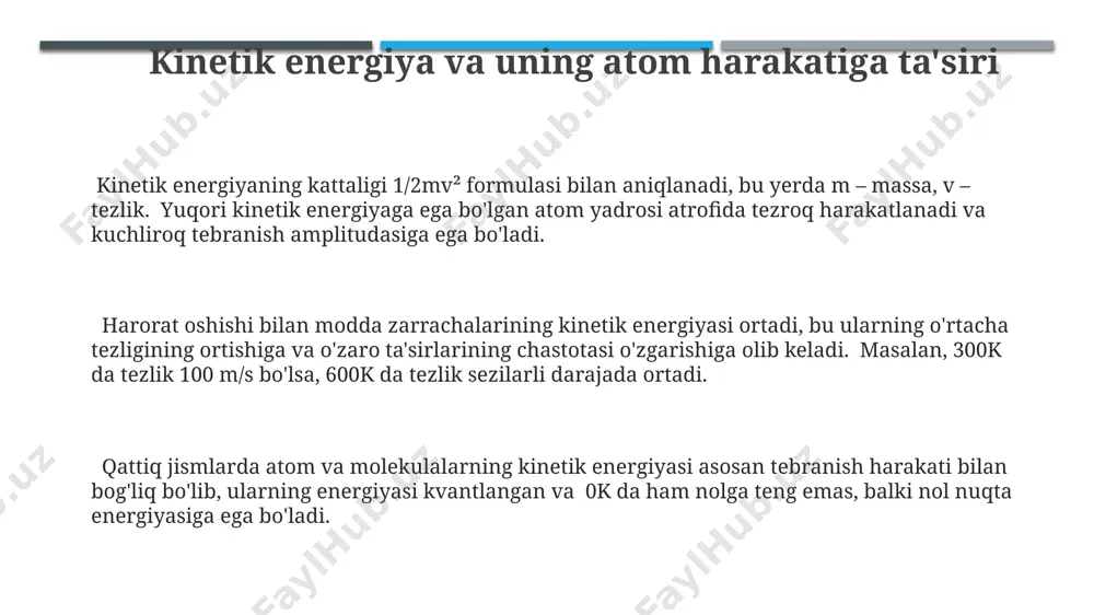 jismlar, suyuqliklar va gazlardagi atom harakati qattiq jismlarda atomlar o'z muvozanat holatlari atrofida 10 -11 metr amplitudali tebranishlarni 10 13 gerts chastota bilan bajaradi, bu ularning o'zaro kuchli bog'lanishlari bilan bog'liq. suyuqliklardagi atomlar qattiq jismlarga nisbatan ancha yuqori harakatlanish erkinligiga ega bo'lib, ular 10 -10 metr masofalarga siljiydilar va 10 12 gerts atrofida tebranadilar. gazlarda atomlar yoki molekulalar deyarli erkin harakatlanadilar, o'rtacha 10 -7 metr masofalarni bosib o'tadilar va o'zaro to'qnashuvlar 10 9 gerts chastotada sodir bo'ladi. atom va molekulalararo ta'sir kuchlari suyuqliklarda molekulalararo vodorod bog'lanishlari, taxminan 20-40 kj/mol bog'lanish energiyasi bilan, molekulalarning o'zaro joylashishini va harakatini sezilarli darajada belgilaydi. atom va molekulalararo o'zaro ta'sir kuchlari, masalan, vander-vals kuchlari, 10⁻¹⁰-10⁻⁹ m masofalarda sezilarli bo'lib, potensial energiya egri chizig'ining chuqurligiga bog'liq holda turli xil bog'lanish energiyalarini hosil qiladi. ion bog'lanishidagi elektrostatik kuchlar, kuch konstantasi k ≈ 10² n/m bo'lgan garmonik potensial modelida tasvirlanadi va atomlar orasidagi masofaning o'zgarishiga kuchli ta'sir ko'rsatadi. …