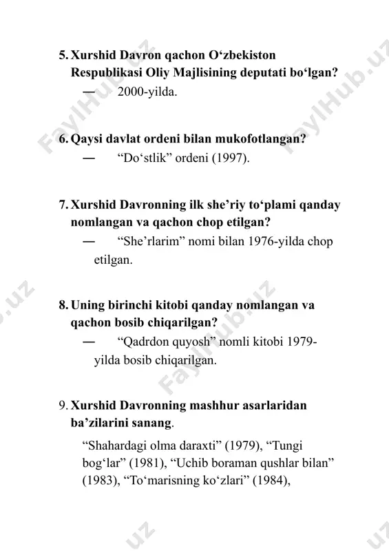 ori 8. dastlabki she’rlar to‘plami qanday nomlangan? javob: „qadrdon quyosh“ 9. „to‘marisning ko‘zlari“ she’riy to‘plami qachon chop etilgan? javob: 1984-yilda 10. shoirning qaysi to‘plami 1983-yilda nashr etilgan? javob: „uchib boraman qushlar bilan“ 11. qaysi asarlar 1997-yilda chop etilgan? javob: „qaqnus“ va „bahordan bir kun oldin“ 12. shoir qanday nigoh bilan voqelikka qaraydi? javob: yangicha nigoh bilan 13. xurshid davron she’rlarida nimalarni sinchkovlik bilan kuzatadi? javob: tabiat, jamiyat va kishilar hayotidagi o‘zgarishlarni 14. u so‘zga qanday yondashadi? javob: yuksak mezonlar asosida 15. qaysi yillarda x.davron nasrga ko‘proq e’tibor qaratdi? javob: 1990-yillarda 16. tarixiy mavzudagi ilk qissasi qaysi? javob: „samarqand xayoli“ 17. „shahidlar shohi yoxud shayx kubro tushlari“ qachon chop etilgan? javob: 1998, 2008 18. „bibixonim qissasi“ qachon yozilgan? javob: 2006-yilda 19. shoir qaysi pyesalarni yozgan? javob: „alg‘ul“, „boburshoh sog‘inchi“ 20. uning tarixiy asarlari qanday ijtimoiy jarayonga hissa qo‘shgan? javob: tarixiy o‘tmishga bo‘lgan qiziqishning ortishiga 21. 1. xurshid davron qaysi tarixiy teatrlashtirilgan …