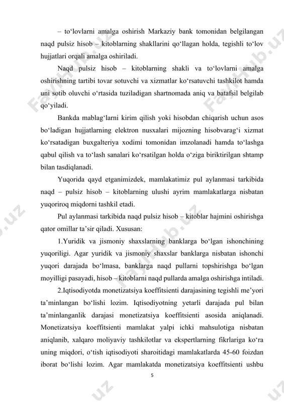 nuqtasiga qaytib kelmasligi banklarning resurs bazasiga salbiy ta’sir ko‘rsatadi. buning oqibatida tijorat banklarining real sektorni kreditlash uchun yo‘naltirayotgan resurslarning taqchilligi, omonatlarga to‘lanadigan to‘lovlar miqdorining oshib ketishi, bu esa o‘z navbatida naqd pulsiz hisob – kitoblar hajmini pasayishiga olib keladi. to’lov talabnomalarining qo’llanishi to‘lov talabnoma xo‘jalik sub’ektlari o‘rtasida to‘lovlarni amalga oshirishda qo‘llaniladigan naqd pulsiz hisob – kitoblarning shakli hisoblanadi. o‘zbekiston tijorat banklari o‘rtasida to‘lov talabnomalar hisob – kitoblarning qo‘llanilishi juda keng tarqalmagan. buning asosiy sabablaridan biri to‘lov talabnomalar bilan hisob – kitoblarda hujjatlarning aylanishi juda ko‘p vaqt oladi va ortiqcha sarf xarajatlar talab qiladi. to‘lov talabnoma – mol sotuvchi tomonidan belgilangan summani bank orqali olish haqidagi talabini o‘z ichiga olgan hisob – kitob hujjatidir. talabnomalar asosan aktseptli va aktseptsiz bo‘lishi mumkin. aktseptli to‘lov talabnomalarda bank avval to‘lovchining mablag‘ni to‘lash haqidagi roziligini oladi, so‘ngra to‘lovni amalga oshiradi. aktseptsizda esa avval to‘lov amalga oshirilib, so‘ngra mijozga to‘lov hujjatlarini beradi. tijorat banklarining yagona vakillik …