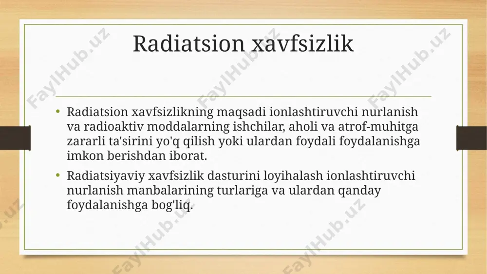 q bo'lishi kerak. ular har qanday oddiy sharoitda ushbu amaliyotlardan qabul qilib bo'lmaydigan deb topilgan radiatsiyaviy xavf-xatarlarga hech qanday shaxsning duchor bo'lmasligini ta'minlashga qaratilgan. hamma manbalar ham manbadagi ta'sir orqali nazorat qilinishi mumkin emas va doza chegarasini tanlashdan oldin tegishli manbalarni ko'rsatish kerak (individual doza va xavf chegaralariga rioya qilinishi kerak). radiatsiya xavfsizligi standartlari ishchilar va aholining radiatsiyaviy ta'siri va radionuklidlarni qabul qilishning yillik chegaralari (ali - annual limit on intake – yillik limit) uchun standartlar mavjud. havo va suvdagi radionuklidlar kontsentratsiyasi standartlari ali dan olinishi mumkin. tavsiya etilgan radiatsiya dozalari chegaralari 1-jadvalda keltirilgan. doza chegarasi kasbiy ijtimoiy samarali doza yiliga o'rtacha 20 msv 5 yil muddatlari belgilangan2 bir yilda 1 msv3 bunda 1 sv inson har bir kilogram massasiga ekvivalent yutilgan 1 j (joul) energiya miqdoriga teng. radiatsiya xavfsizligi standartlari cheklovlar belgilangan davrda tashqi ta'sir qilishning tegishli dozalari va xuddi shu davrda qabul qilingan 50 yillik (bolalar uchun 70 …