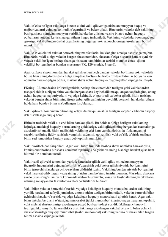 29-modda, 3-band). agar oshkora shaxs nomidan harakat qilish uchun hech qanday vakolat bo`lmasa yoki vakolatli bo`lsa ham uning doirasidan chetga chiqilgan bo`lsa – bu holda tuzilgan bitimlar bo`yicha kim nomidan harakat qilgan bo`lsa, mazkur shaxs uchun huquq va majburiyatlar vujudga kelmaydi. fkning 132-moddasida ko`rsatilganidek, boshqa shaxs nomidan tuzilgan yoki vakolatlardan tashqari chiqib tuzilgan bitim vakolat bergan shaxs keyinchalik ma'qullangan taqdirdagina, uning uchun huquq va majburiyatlarni vujudga keltiradi, o`zgartiradi va bekor qiladi. bitim tuzishga vakolat bergan shaxs bitimning ijroga qabul qilinganligidan guvohlik beruvchi harakatlar qilgan holda ham bunday bitim ma'qullangan hisoblanadi. vakil qiluvchi tomonidan bitimning kelgusida ma'qullanishi u tuzilgan vaqtdan e'tiboran haqiqiy deb hisoblashga huquq beradi. bitimlar tuzishda vakil o`z erki bilan harakat qiladi. bu holda u o`ziga berilgan vakolatning hajmiga, amaldagi huquqiy normalarning qoidalariga, vakil qiluvchining bergan ko`rsatmalariga asoslanib ish tutadi. bitim tuzilishida vakilning erki ham vakolat doirasida ifodalanganligi sababli vakilning jiddiy ravishda yanglishi, aldanish, qo`rqitilish yoki zo`rlik ta'sirida tuzilgan …