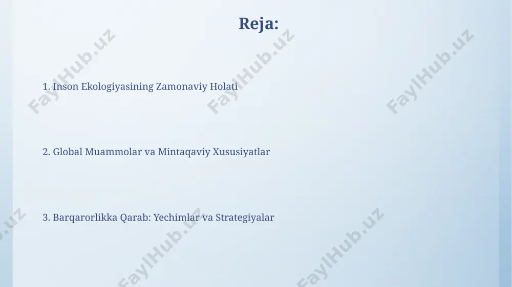 ishi mumkin. atrof-muhit ifloslanishining 70% dan ortig'i antropogen omillar, ya'ni inson faoliyati bilan bog'liq bo'lib, bu havo, suv va tuproqning ifloslanishiga olib keladi, global isishga hissa qo'shadi. aholi dinamikasi va muvozanat aholi dinamikasini o'rganishda tug'ilish va o'lim ko'rsatkichlari, shuningdek, migratsiya kabi omillarni hisobga olish orqali 2050-yilga kelib dunyo aholisi 9 milliarddan oshishi taxmin qilinmoqda. muvozanatli aholi dinamikasi uchun tabiiy resurslarning barqaror boshqarilishi va davlat tomonidan amalga oshiriladigan 2-3% atrofida bo'lgan aholi o'sish sur'atining saqlanishi muhim ahamiyatga ega. shaharlashuv va ekologik muammolar shahar atrof-muhitining 30% dan ortig'i beton va asfalt bilan qoplanib, issiqlik orol effekti va biologik xilma-xillikning pasayishiga sabab bo'ladi. metropoliten shaharlarda transport vositalarining zichligi 1 kvadrat kilometrga 1000 dan ortiq avtomobilni tashkil etadi, bu esa karbon emissiyasi va shovqin ifloslanishiga olib keladi. ekologik ta'lim va ong ekologik ongni shakllantirishda 70% ta'lim muassasalarining roli, 30% esa ommaviy axborot vositalarining ta'siri orqali amalga oshadi. zamonaviy ekologik ta'limda interfaol usullar, masalan, simulyatsiyalar …