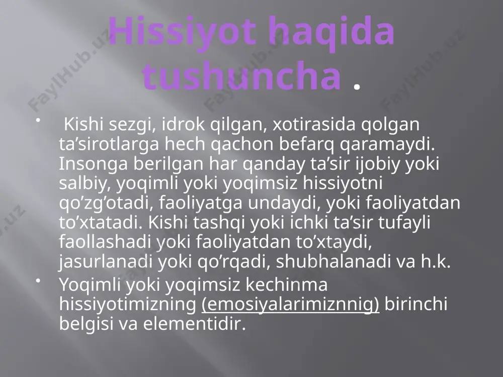 umlasiga kiradi. kishi o’zining qahr-g’azabini tevarak atrofdagilarga qo’llarini musht qilishi, ko’zlarini chimirib qarash, do’q-po’pisali ohang bilan namoyish qiladi. asosiy hissiy holatlar quyidagilar (k.izard klassifikasiyasi bo’yicha): qiziqish - malaka va ko’nikmalar rivojiga, bilim egallashiga moyillik tug’diradigan ijobiy hissiy holat. quvonch- to’la qondirilishi mumkin bo’lmagan, har holda qondirilishi noaniq dolzarb bo’lgan ehtiyojni qondirilishi mumkinligi bilan bog’liq ijobiy hissiy holat. hayratlanish- to’satdan ro’y bergan holatlardan hissiy jihatdan ta’sirlanishning ijobiy yoki salbiy jihatdan aniq-ravshan ifoda etilmagan belgisidir. iztirob chekish. hozirga qadar qondirilish ehtimoli ozmi-ko’pmi darajada mavjud deb tasavvur qilingan hayotiy muhim ehtiyojlarning qondirilishi mumkin emasligi haqida aniq yoki shunday tuyilgan axborot olinishi bilan bog’liq salbiy hissiy holatdir. g’azablanish- odatda affekt tarzida kechadigan va subyekt uchun g’oyat muhim ehtiyojni qondirish borasida jiddiy to’siq paydo bo’lgani oqibatida kelib chiqadigan, ifodalanishiga ko’ra salbiy hissiy holat . iztirob chekishdan farqi g’azablanish stenik tarzda, ko’rinishda bo’ladi. (kuch g’ayratni oshirib yuboradi). nafratlanish- obyektiv holatga subyektning mafkuraviy, ma’naviy, estetik prinsiplari va …