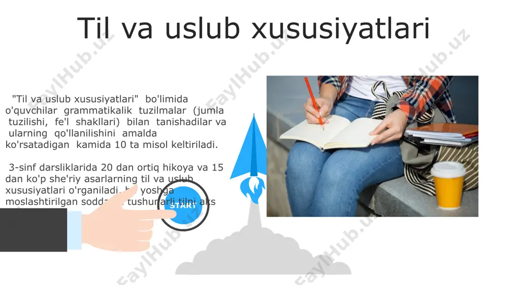 sibligini, taxminan har 2 sahifa uchun 1-2 ta rasm yoki illyustratsiya mavjudligini tahlil qilish kerak. darslikning o`quv dasturiga mosligi darslikning 3-sinf o‘quv dasturi talablariga 100% mosligi, barcha mavzulardagi nazariy va amaliy topshiriqlar soni va murakkabligi jihatidan tekshirildi. darslikdagi mavzularning ketma-ketligi va o‘quv dasturidagi mantiqiy izchillik o‘rtasidagi moslik, shuningdek, har bir bobga ajratilgan soatlar soni o‘rganildi. e'tiboringiz uchun rahmat @taqdimot_robot image5.jpg image6.jpg image7.jpg image8.jpg image9.jpg image10.jpg image11.jpg image12.jpg image13.jpg image14.jpg image15.jpg image16.jpg image1.jpeg image2.jpeg image3.jpeg image4.jpeg