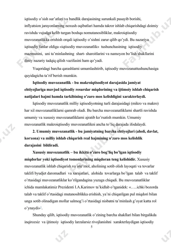 arish umumiy hajmining miqdoriy ko’rsatkichi sifatida sof milliy mahsulot (smm), iqtisodiyotda yalpi sarflar sifatida iste’mol hajmi va investitsiyalarga sarflarning umumiy summasi (s+ip) olinadi. iqtisodiyotning muvozanatli darajasi — bu ishlab chiqarishning shunday hajmiki, u ishlab chiqarish mazkur hajmini sotib olish uchun etarli umumiy sarflarni ta’minlaydi. boshqacha aytganda, sof milliy mahsulot muvozanatli darajasida ishlab chiqarilgan tovarlarning umumiy miqdori (smm) xarid qilingan tovarlar umumiy miqdoriga (s+ip) teng bo’ladi. to’liq bandlik sharoitida yalpi sarflar smm hajmi bilan mos kelmasligi mumkin. bu mos kelmaslik retsession yoki inflyatsion farqda ifodalanadi. yalpi sarflarning smm hajmidan kam bo’lgan miqdori retsession, yalpi sarflarning smm hajmidan ortiqcha bo’lgan miqdori inflyatsion farq deyiladi. jamg’arma va investitsiyalarni taqqoslash usulining mohiyati shundaki, ishlab chiqarilgan mahsulotning har qanday hajmi shunga mos daromad hajmini beradi. biroq aholi bu daromadning bir qismini iste’mol qilmasdan jamg’arishga qo’yish mumkin. jamg’arish, sarflar - daromadlar oqimidan potentsial sarflarni olib qo’yish hisoblanadi. bunda jamg’armaga qo’yilgan mablag’ investitsiyalar bilan to’liq qoplansa, yalpi …