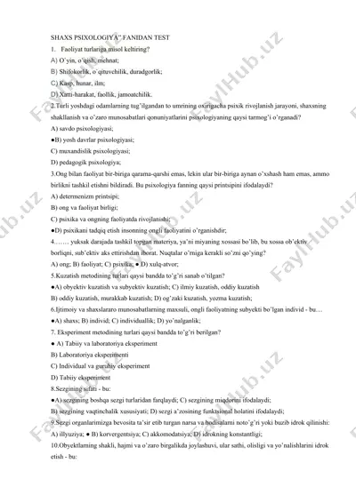 "shaxs psixologiya” fanidan test — DOCX