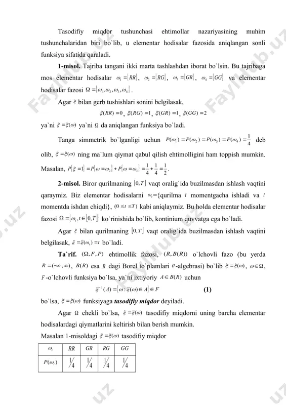 2-misoldagi tasodifiy miqdorni bunday aniqlab bo`lmaydi. bunday tasodifiy miqdorlarni aniqlash uchun ( ) hodisaning ehtimolligini bilish kerak, uning uchun esa , hodisa ehtimolligini bilish yetarli. ta`rif. , funksiyaga tasodifiy miqdorning taqsimot funksiyasi deyiladi. endi taqsimot funksiyaning xossalari bilan tanishib chiqamiz. 1˚. . bu xossa isboti ta`rifidan kelib chiqadi. 2˚. agar a é + - - ) 0 ( ) 0 ( 0 0 0 x x = 2 1 4 1 2 1 ÷ ø ö ç è æ £ x { } { } { } 1 4 1 4 3 2 1 0 ) ( = + = = + = + = = x x x p p p x f ï ï ï î ï ï ï í ì > £ e 0 > r { } r r m p e x e x £ ³ x x ,... ,..., , 2 1 n x …