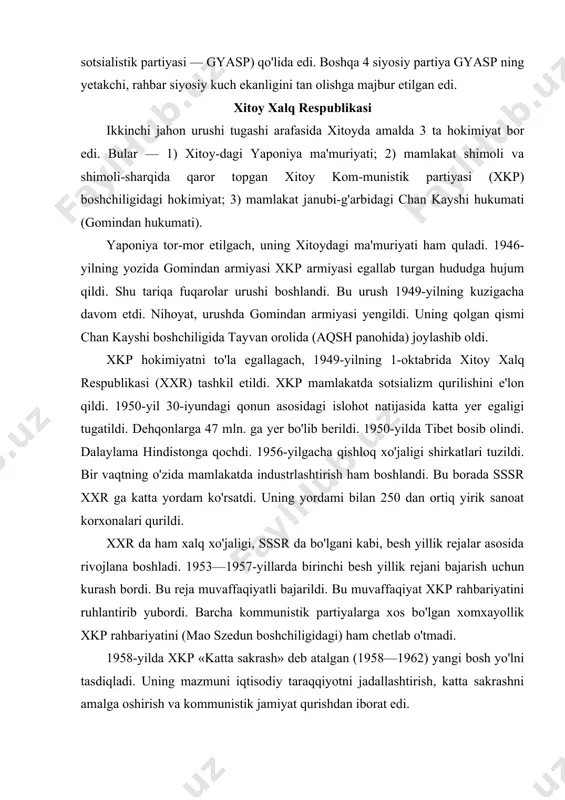 . barcha kommunistik partiyalarga xos bo'lgan xomxayollik xkp rahbariyatini (mao szedun boshchiligidagi) ham chetlab o'tmadi. 1958-yilda xkp «katta sakrash» deb atalgan (1958—1962) yangi bosh yo'lni tasdiqladi. uning mazmuni iqtisodiy taraqqiyotni jadallashtirish, katta sakrashni amalga oshirish va kommunistik jamiyat qurishdan iborat edi. «insoniyatning baxtli kelajagi», deb e'lon qilingan kommunizmni qurishning asosiy vositasi haq to'lanmaydigan' mehnat bo'lishi zarur edi. bu narsa «uch yillik qattiq mehnat — o'n ming yillik baxt-saodat» shiori ostida o'tishi kerak edi. qishloq xo'jaligi shirkatlari o'rniga o'rtacha 20 ming dehqonni birlashtirgan xalq kommunalari tuzildi. unda hamma narsa umumiylashtirildi. mahsulotni hammaga baravar taqsimlash tamoyili joriy etildi. sanoat 6,5 baravar, qishloq xo'jaligi 2,5 baravar o'sishi mo'ljallandi. dehqon mehnati qattiq tartibga bo'ysundirildi. ular ishga saf tortgan holda borardilar. biroq tez orada «katta sakrash» barbod bo'ldi. qishloq xo'jaligi mahsulotlari ishlab chiqarish hajmi kamaydi. hatto, ayrim hududlarda ocharchilik ham boshlandi. sanoat ishlab chiqarishi ham pasaydi. shu tariqa iqtisodiy inqiroz yuz berdi. oqibatda mao szedun …