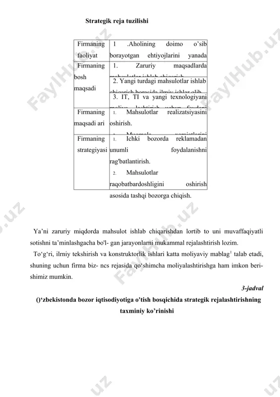dorini bilib olishi mumkin. 3. aniq sotilgan tovar hajmi — bu ma’lum davr mobaynida tadbirkor qancha tovar sota oladi (mavjud ishlab chiqarish holati, reklama sarflari va mavjud baho darajasida). harakatdagi tovarlar va bozorlarda baho haqiqiy (yangi bozorlar va tovarlar haqidagi prognoz) ma’lumotlarga asoslanadi. bozorlar iste’molchilar turiga qarab ham turlicha bomishi mumkin: 1. harbiy bozor. 2. sanoat bozori. 3. iste’mol bozori. harbiy bozor xomashyoning yuqori sifat va ruxsat etilganligi bilan xarakterlanadi. sanoat bozonnmg o‘ziga xos xususiyatlari xarakter- liligi va sotishdan keyingi xizmatlarning mavjudligi. iste’mol bozori— qulay baho va mol yetkazib berishning o‘z vaqtidaligi. bozorlarni o‘rganishda, birinchi navbatda, har bir lovar (xizmat)lar bo‘yicha bozor turini aniqlash lozim. slui maqsadda bozorlarni quyidagicha klassifikatsiya (|ilishimiz mumkin bozorni o‘rganish bir necha bosqichga bo‘linadi, uni ishlab chiqish quyidagi 7 ta savolga javob berish imkonini beradi: 1. nima sotib olinyapti? 2. qanday bahoda? 3. kim sotib olmoqda? 4. nima uchun? 5. sotib olish qanday amalgaoshirilmoqda? 6. qachon …
