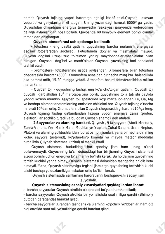 taqsimlangan. eng yirik quyuqlashgan bo‘laklarning massasi tez ortib borgan. keyin moddaning har xil kattalikdagi hosil bo‘lgan dastlabki «po‘k» guvalaklarning ko‘pchiligidan bir necha yirik jismlar-planetalar paydo bo‘lgan. hisob-kitoblar, yer o‘zining hozirgi massasiga bir necha yuz million yilda erishganligini ko‘rsatdi. sirti sovuq bo‘lgan yerning ichki qismi radioktiv elementlar hisobiga qiziy boshlagan. bu, yerning ichidagi moddalarni erishiga olib kelgan. og‘ir elementlar cho‘kib yadroni vujudga keltirganda, yengil elementlar sirtga chiqib yer qobig‘ini vujudga keltirgan. bo‘lajak planetalarni o‘rab olgan zarralar to‘plamida ularning bir-birlariga yopishish jarayoni yuz bergan va oqibatda planetalarning yo‘ldoshlari paydo bo‘lgan. 1913 - yilda amerika astronomi j. xeyel quyosh dog‘lari, quyosh sirtining sovigan qismlari ekanligini va sirtida kuchli magnit maydonlari borligini kashf etdi. 1940 yil boshida quyosh radioto‘lqinlar manbai ekanligi, keyinchalik quyosh toji spektorida bir necha chiziqlarni, ko‘p marta ionlangan kimyoviy elementli chiziqlar ekanligi hamda quyosh tojining yuqori haroratga egaligi kashf etildi.quyosh asosan vodorod va geliydan tashkil topgan. uning yuzasidagi harorat 6000o ga …
