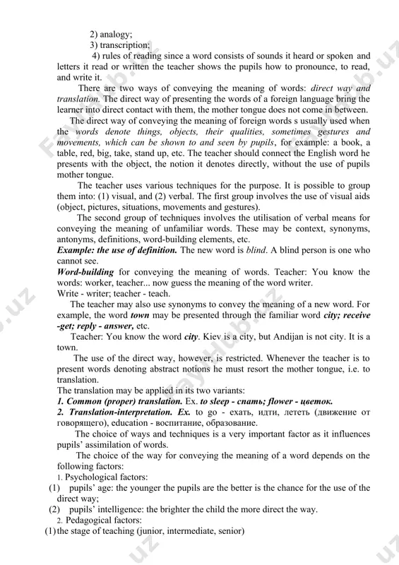 vocabulary. the positive influence makes the process of learning easy. the negative influence causes the so-called «interference». it makes the process of learning difficult. word order: бу китоб. - this is a book. word formation: work - worker (иш - ишчи); dining - room (ошхона); bedroom (ётокхона). negative influence of the mother tongue factors: the absence of conversion: an eye - to eye (кўз - кўрмоқ). the word order in a sentence: менинг акам мактабда ишлайди. my brother at school works. instead of my brother works at school. while reading in english conversion may cause interference. ex. his works are very interesting. he works very well. in each sentence the word «works» is understood as «ишламоқ». silent letters in the words also make it trouble some. ex. take, which, hour. any word in the language has very complicated linguistic relation with other words in pronunciation, meaning, spelling and usage. rule …