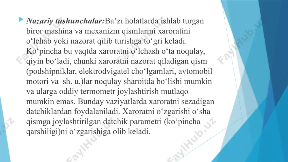 ltiriladi. 1. ishni bajarishdan maqsad. 2. tajribalarni o‘tkazishda foydalanilgan sxеmalar. 3. olingan natijalar jadval va grafiklar korinishida. 4. olingan natijalarning tahlili. 4. bajarilgan ish bo‘yicha xulosalar. nazоrat uchun savоllar. 1. issiqlikka ta’sirli elementlarni avtоmatikada qo‘llanishini tushuntiring? 2. xarоratni sezadigan mоnоmetrik qurilmani tuzilishini tushuntiring? 3. xarоrat datchiklarini ishlab chiqarishning texnologik jarayonlarida ishlatilishiga misоllar keltiring? 4. laboratoriya ishi bo‘yicha xulоsa yozing. image1.png /docprops/thumbnail.jpeg