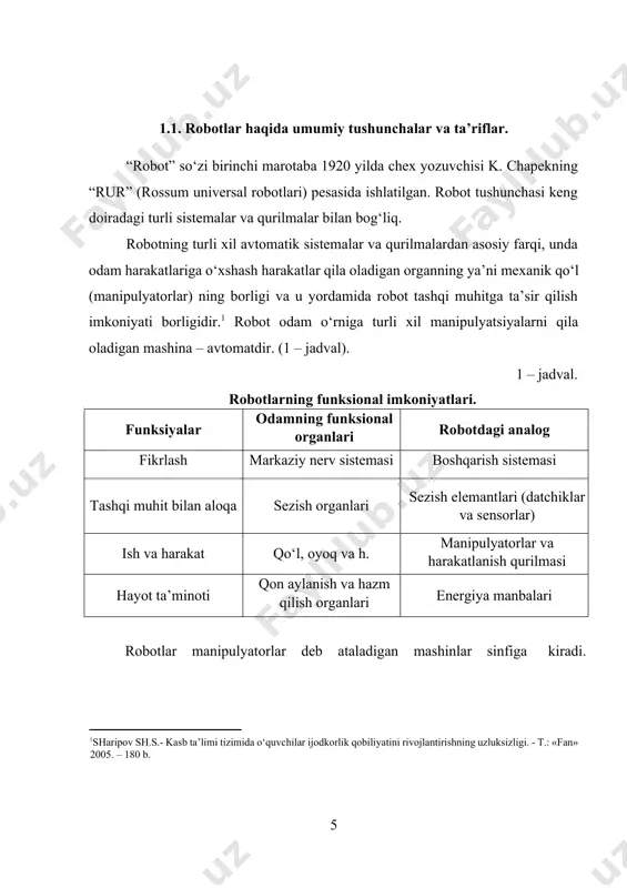 lmasi yoki ishchi asbobni bildiradi. srning boshqarish qurilmasi - berilgan programmaga ko‘ra ijro qurilmasiga boshqaruvchi ta’sirlarni shakllantirish va chiqarib berish uchun mo‘ljallangan. srning o‘lchov qurilmasi - boshqarish qurilmasi uchun robot va tashqi muhit holatlariga oid informatsiya yig‘ishni amalga oshiradi[footnoteref:2]. [2: .abdullayeva q.m. tikuvchilik buyumlarini loyihalash va modellashtirish asoslari. o’quv qo’llanma. t. adabiyot 2006 yil] xizmat ko‘rsatuvchi sanoat roboti - yordamchi o‘tish va transport operatsiyalarni bajaruvchi robotdir. masalan, yuklovchi – yuk tushiruvchi va transport robotlari. operatsion sr – texnologik operatsiyalar va ularning elementlarini, masalan, payvandlash, yig‘ish, bo‘yash va shunga o‘xshash operatsiyalarni bajaruvchi robotdir. ishlab chiqarishni robotlashtirish – robotlardan keng ko‘lamda foydalanuvchi yangi texnologiyalar, yangi jihozlarni yaratish hamda ishlab chiqarishni tashkil qilish va boshqarish prinsiplarini ishlab chiqish. crni dasturiy boshqarish – sanoat robotining ijro qurilmasi hamda u bilan ishlayotgan texnologik jihoz ustidan avtomatik boshqarish. ishchi fazo (atrof) – sr ning ishlash jarayonida robot manipulyatori ishchi organi harakatda bo‘la oladigan fazo. sr ishchi …