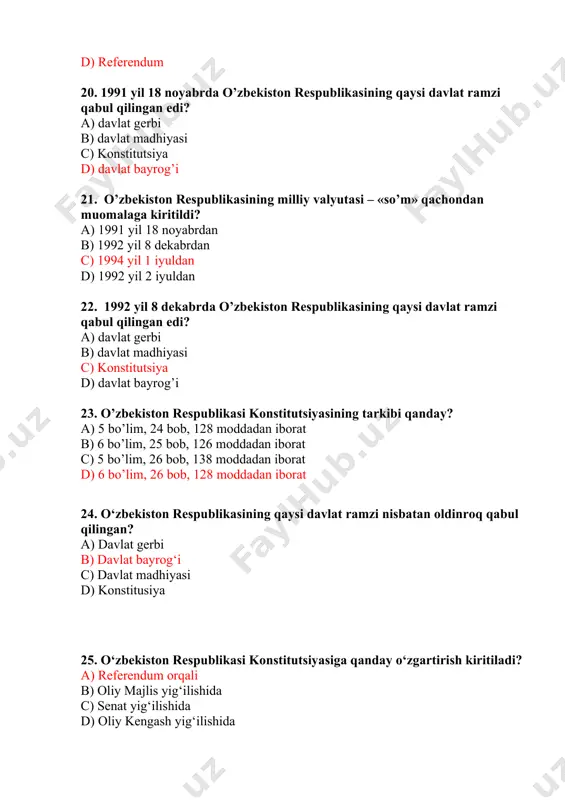 dent b) kengash deputatlari c) bosh vazir d) senat 38. tuman va shaharlar hokimlarini kim tayinlaydi? a) prezident b) kengash deputatlari c) bosh vazir d) viloyat hokimi 39. tumanlarga boysunadigan shahar hokimlari kim tomonida tayinlanadi? a) prezident b) tuman hokimi c) bosh vazir d) viloyat hokimi 40. o‘zbekiston respublikasida saylovlar kim tomonidan tashkil qilinadi? a) prezident tomonidan b) oliy majlis tomonidan c) markaziy saylov komissiyasi tomonidan d) fuqarolar yig’inlari tomonidan 41. o‘zbekiston respublikasida necha yoshga to’lgan shaxslar saylash huquqiga ega? a) 16 b) 18 c) 21 d) 25 42. necha yoshdan kam bo’lmagan fuqarolar prezidentlikka saylanishi mumkin? a) 35 yoshdan b) 25 yoshdan c) 21 yoshdan d) 18 yoshdan 43. necha yoshga to’lgan fuqarolar oliy majlisga saylanishi mumkin? a) 35 yosh b) 25 yosh c) 21 yosh d) 18 yosh 45. necha toshga to’lgan fuqarolar viloyat, tuman, shahar kengashlariga deputatlikka saylanishi mumkin? a) 35 yosh b) 25 yosh c) 21 …