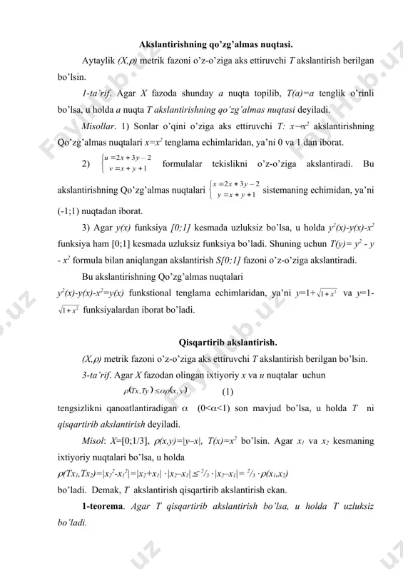 akslantirish bo’lganligidan t(a)=t( an)= t(an)= an+1=a. demak, a qo’zg’almas nuqta ekan. endi qo’zg’almas nuqtaning yagonaligini isbotlaymiz. faraz qilaylik qo’zg’almas nuqta ikkita t(a)= a va t(b)=b bo’lsin. u holda ((a,b)=((t(a),t(b))(((((a,b) bo’ladi. bundan ((a,b)=0 va demak, a=b kelib chiqadi. teorema isbot bo’ldi. _1027249951.unknown _1027250993.unknown _1027260682.unknown _1027261193.unknown _1027256969.unknown _1027250944.unknown _1027249701.unknown