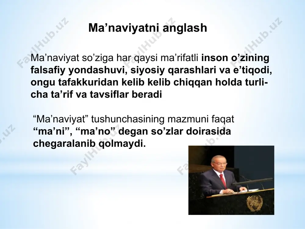 dam bu haqda o’ylamasdan yashashini tasavvur qilish qiyin. ma’naviyatni shakllantiradigan asosiy mezonlar milliy ma’naviyatimizni yuksaltirish asosiy vazifamiz ekan ma’naviyatimizni shakllantiradigan va unga ta’sir etadigan barcha omil va mezonlarni tahlil qilib, ularning ma’naviyatimizni yuksaltirishdagi o’rnini yaxshi anglab olishimiz maqsadga muvofiqdir ular quyidagilardan iborat. 1.ma’naviy meros, madaniy boyliklar, ko’hna tarixiy yodgorliklar eng muhum omillardan biri bo’lib xizmat qiladi. madaniyboyliklar madaniy boyliklar qadumiy tarixiy yodgorlik-lar manaviy meros “avesto” dagi ahloq-odob qoidalari ezgu so’z ezgu amal ezgu fikr xalq og’zaki ijodi, jumladan “alpomish” dostoni milliy davlatchiligimizning badiy ifodasi, azamat o’g’lonlarimizni ma’naviy jihatdan kuchli etib tarbiyalashda muhim ahamiyatga ega. “ alpomish” eposini kuylab, uni qalbiga, shu urniga joy qilgan millatni esa hech qanday kuch enga olmaydi. 10 2.milliy ma’naviyatimizni shakllanishida, bugungi kunda yanada yuksalishida milliy bayramimiz –navro’z ayyomi muhim omil hisoblanadi. navro’z falsafa xalqimizga mansub odamiylik, mehr-oqibat, muruvvat va himmat kabi yuksak xususiyatlardan oziqlanadi. navro’z bayrimi yoshlarimizni ma’naviy kamol topishida muhim omil bo’lib xizmat qilmoqda. …