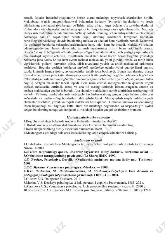 bajarishda so‘z orqali tushuntirib berilgan usullarga rioya qilishga intiladilar. bog‘cha yoshidagi bolalar irodaviy harakatlarining rivojlanishida o‘yin juda katta rol o‘ynaydi. o‘yin bolalar iroda​sini o‘stiruvchi va mustahkamlovchi omillardan biridir. bola​lar o‘zlarining turli-tuman o‘yinlarida o‘z oldilariga ma’lum maqsadlarni qo‘yadilar, ba’zan uchrab qolgan to‘sqinliklarni yengib, ko‘zlagan maqsadlarni amalga oshirishga harakat qiladilar. bog‘cha yoshidagi bolalar irodaviy harakatlarini o‘stirish va mustahkamlashda rollarga bo‘linib o‘ynaydigan hamda qoidali o‘yinlarning ahamiyati g‘oyat kattadir. o‘yin qoidalariga rioya qilishda o‘z iroda kuchini ishga solishga to‘g‘ri keladi, chunki bola o‘yin paytida o‘zining harakat​larini o‘ynovchilarning maqsadlari bilan moslashtirishi ke​rak. kichik guruh bolalari esa buning uddasidan chiqa olmaydilar, ya’ni o‘yin qoidalariga to‘la rioya qila olmaydilar. shuning uchun ular qoidali o‘yinlarga qatnashganlarida juda sodda rollarni bajaradilar. masalan, «poyezd» o‘yinida faqat yo‘lovchi (passajir) rolini o‘ynaydilar. katta bog‘cha yoshida aql bilan qaror chiqarish imkoniyat​lari kengayadi, qaror qabul qilish ahamiyatli bo‘lgan motiv bi​lan belgilanadi. bu esa o‘z-o‘zini boshqarishning rivojlanishi, vaziyat bilan bog‘liq istak, his-tuyg‘ular va ularning namoyon …