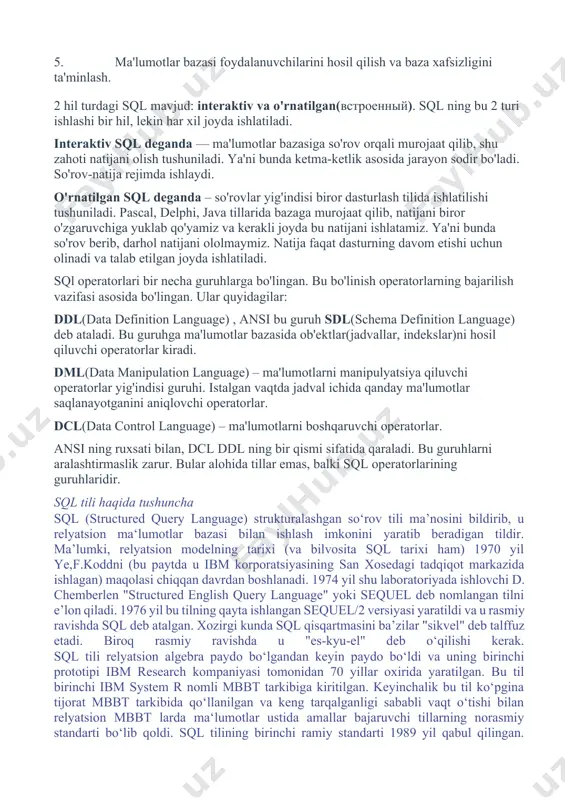 huncha sql (structured query language) strukturalashgan so‘rov tili ma’nosini bildirib, u relyatsion ma‘lumotlar bazasi bilan ishlash imkonini yaratib beradigan tildir. ma’lumki, relyatsion modelning tarixi (va bilvosita sql tarixi ham) 1970 yil ye,f.koddni (bu paytda u ibm korporatsiyasining san xosedagi tadqiqot markazida ishlagan) maqolasi chiqqan davrdan boshlanadi. 1974 yil shu laboratoriyada ishlovchi d. chemberlen "structured english query language" yoki sequel deb nomlangan tilni e’lon qiladi. 1976 yil bu tilning qayta ishlangan sequel/2 versiyasi yaratildi va u rasmiy ravishda sql deb atalgan. xozirgi kunda sql qisqartmasini ba’zilar "sikvel" deb talffuz etadi. biroq rasmiy ravishda u "es-kyu-el" deb o‘qilishi kerak. sql tili relyatsion algebra paydo bo‘lgandan keyin paydo bo‘ldi va uning birinchi prototipi ibm research kompaniyasi tomonidan 70 yillar oxirida yaratilgan. bu til birinchi ibm system r nomli mbbt tarkibiga kiritilgan. keyinchalik bu til ko‘pgina tijorat mbbt tarkibida qo‘llanilgan va keng tarqalganligi sababli vaqt o‘tishi bilan relyatsion mbbt larda ma‘lumotlar ustida amallar bajaruvchi …