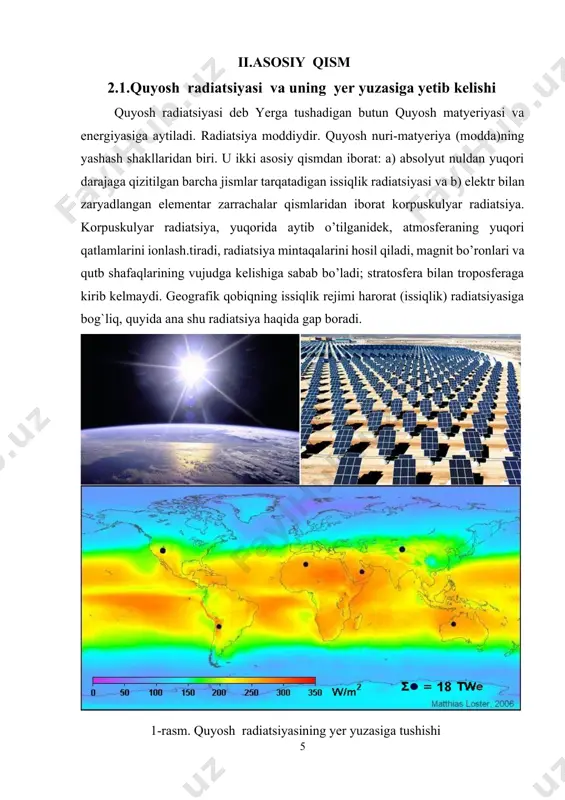 sm 2 qora sathga bir minut davomida tushadigan issiqlik miqdori aytiladi. bu miqdor 2,00 kal/sm 2 min ga teng. yilning yanvar` oyida, ya`ni yer pyerigeliyda bo’lganda bu miqdor 0,07 kal/sm 2 /min ga ortadi, iyulda, ya`ni afeliyda esa shuncha miqdorga kamayadi. atmosfera yuzasining har bir kvadrat kilometr maydoni yil davomida o’rta hisobda 2,6*10 15 kal energiya oladi. shuncha miqdordagi energiyani olish uchun 400000 t toshko’mirni yoqish lozim. butun yer quyoshdan yil davomida hammasi bo’lib 1,37*10 24 kal energiya oladi. quyosh radiatsiyasining «atmosferaning yuqorigi chegarasida taqsimlanishi». quyosh radiatsiyasining atmosferaga kirib kelmasdan oldingi taqsimlanishini, ya`ni solyar iqlimni (bu atmosferaning yuqori qismida haqiqatan mavjud) bilish yer havo qobig`ining yer yuzasida issiqlikning taqsimlanishi va issiqlik rejimining shakllanishidagi rolini hamda yshtiroki salmog`ini aniqlash uchun muhimdir. yerning quyoshdan juda uzoq masofada joylashganligini va o’zining quyosh nur tarqatadigan maydonga nisbatan juda kichikligini hisobga olib, yerga keladigan quyosh nurlarini bir-biriga parallel deb qabul qilish mumkin. quyosh radiatsiyasining intensivligi, …