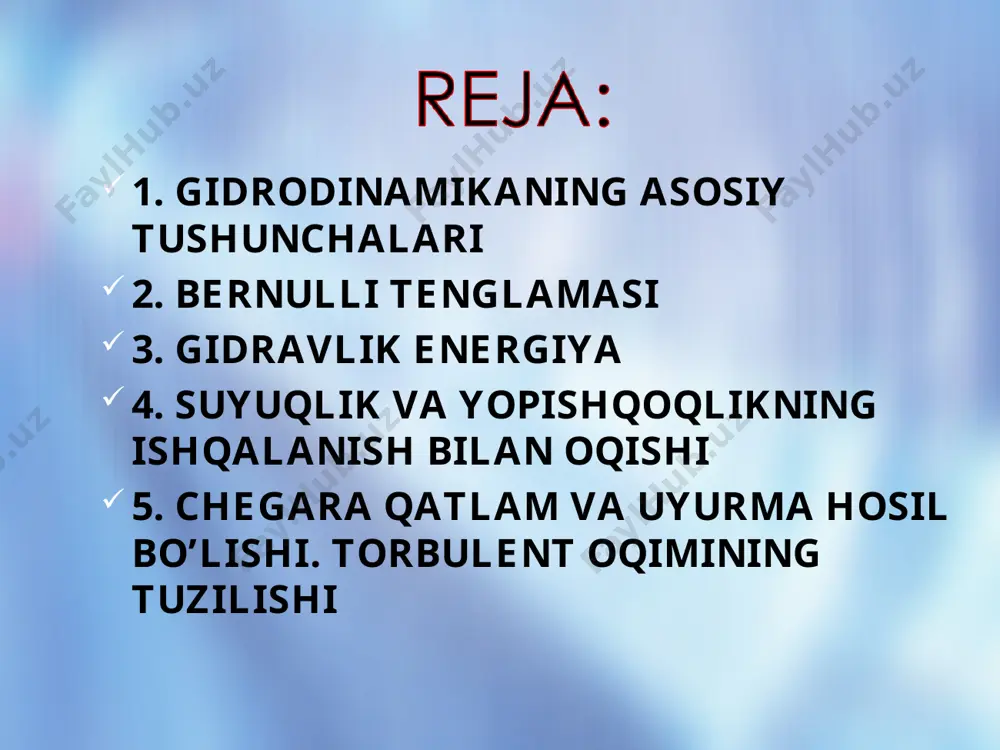738). s1v1t=s2v2t mv12/2 + mgh t vaqtda s1 ko’ndalang kesim orqali uzatiladigan energiya uchta qo’shiluvchidan iborat bo’ladi: bernulli tenglamasiga binoan nayning qisilgan qismlaridan bosimga qaraganda kamroq bo’ladi statik (a) va to’liq (b) bosimlarni o’lchashda manometrik naychalarning joylashishi agar nayning keng qismidagi bosim atmosfera bosimiga teng bo’lsa, uning tor qismidagi bosim atmosfera bosimidan kam bo’ladi. ko’p qurollarning (injektorning) ishlash prinspi shu hodisaga asoslangan suv sharrali nasos va karbyurator gidravlik energiya kurakcha bajaradigan ish oqim tezligining yarmiga teng bo’lgan oraliq tezlik bilan harakatlanganda eng katta bo’ladi. 1-bosimli turbinaning yo’naltiruvchi g’ildiragi, 2-ish g’ildiragi erkin sharrali turbinaning sxemasi va ish g’ildiragi * *