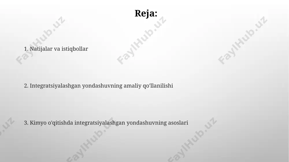 ilarning akademik ko'rsatkichlarining yuqori bo'lishiga olib keladi. tadqiqotlar shuni ko'rsatadiki, integratsiyalashgan darslarda o'quvchilarning faolligi 15-20% ortadi va mustaqil fikrlash qobiliyatlari rivojlanadi. pedagogik texnologiyalar pedagogik texnologiyalar o'quv jarayonini 3 ta asosiy bosqichga: tayyorgarlik, o'rganish va nazoratga bo'lish orqali samaradorligini 20-30% ga oshiradi. interfaol o'quv usullari, masalan, simulyatsiya va o'yinlarni qo'llash orqali talabalarning faol ishtiroki 50% ga oshishi kuzatiladi. turli fanlar bilan integratsiya biologiya bilan integratsiya natijasida o'quvchilar 20 ta organik birikmaning tuzilishi va tirik organizmlardagi ahamiyati haqida chuqurroq tushunchaga ega bo'ladilar. tarix fanini kimyo bilan bog'lash orqali, 18-asr kimyoviylari va ularning kashfiyotlari haqida bilimlarni boyitish va kimyoning taraqqiyoti haqida 3 ta muhim davrni o'rganish mumkin. o'qituvchilarning malaka oshirish o'qituvchilarni interfaol usullar, masalan, loyihaviy ishlar, eksperimentlar va simulyatsiyalarni qo'llashga o'rgatish orqali dars samaradorligini 20% ga oshirish mumkin. kimyo o'qituvchilarining malakasini oshirish uchun kamida 50 soatlik ixtisoslashtirilgan treninglarni, jumladan, zamonaviy pedagogik texnologiyalar va integratsiyalashgan yondashuvlarni o'z ichiga olgan kurslarni tashkil etish zarur. integratsiyalashgan …
