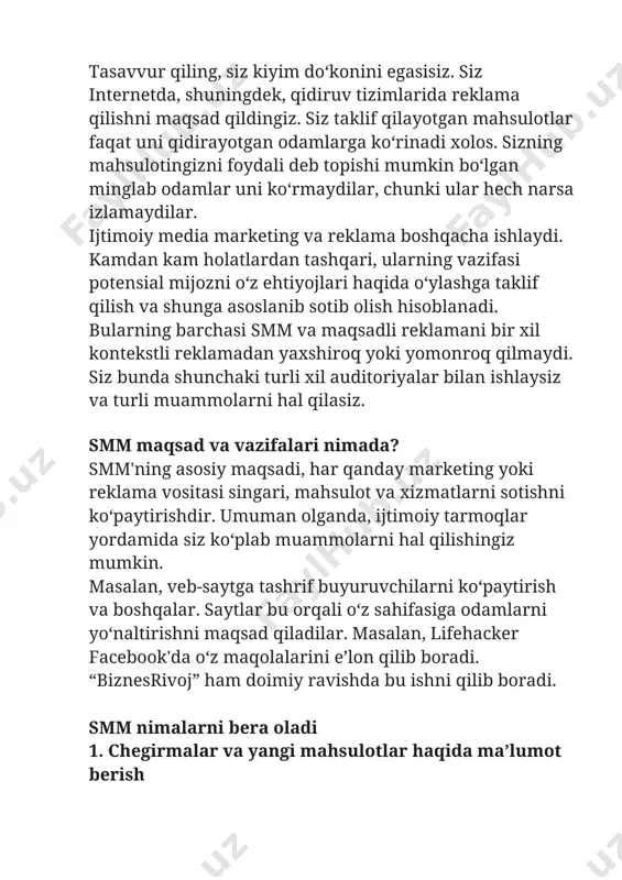 chun bu yerga kelishadi. foydalanuvchilar kompaniyaga baho berishlari va tavsiya qilishlari, o‘z fikrlarini sharhlar va shaxsiy xabarlarda bo‘lishishlari mumkin. 7. umumiy maqsad guruhidagi do‘stona kompaniyalar bilan o‘zaro faoliyat marketingi siz bir-biringizning nashrlaringizni baham ko‘rishgingiz, qo‘shma tanlov va tadbirlarni tashkil qilishingiz mumkin. 8. trendlar va raqobatchilarni kuzatish doimiy yangi narsalarni kuzatib borish uchun "raqobatchilaringizga" obuna bo‘lishga arziydi. bu bilan yaxshi g‘oyalarni jalb qilish, tozalash va ishga tushirish mumkin. 9. yangi xodimlarni qidirish sizning sodiq mijozingiz ishchiga aylanganda juda yaxshi. ko‘pincha ish qidirish platformalaridan ko‘ra ijtimoiy tarmoqlarda xodimlarni topish osonroq. axir, bu yerda sizning biznesingizga qiziqadigan, sizning qadriyatlaringiz bilan o‘rtoqlashadigan odamlar yig‘ilgan bo‘ladi. 10. professionallik har bir o‘zini hurmat qilgan kompaniya albatta smm'ga e’tibor qaratadi. bu soha hatto yuqori tashkilotlar tomonidan ham yuritilmoqda. smm natijalarini qancha kutish kerak sferaga bog‘liq. tovarlar/xizmatlarning ikkita asosiy turi mavjud: · cheklangan ta’minot yoki mavsumiy; · yil davomida sotiladiganlar. birinchisiga konsert chiptalari, reklama liboslari, so‘nggi daqiqalardagi bitimlar, …