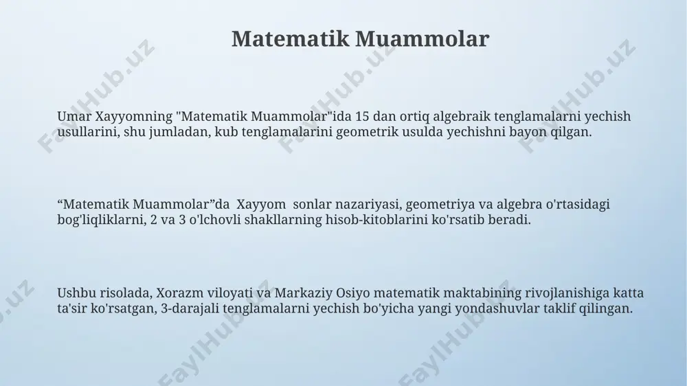 hatlarini o'rganish bo'yicha ilmiy ishlar olib borilmoqda. asarning ilmiy ahamiyati "навоийнома"даги математик формулалар ва геометрик теоремалар европага нисбатан бир неча аср олдин, маргилон каби шаҳарларда илмий билимларнинг юксак даражада ривожланганидан далолат беради. умар хайёмнинг "навоийнома"сидаги астрономик ҳисоб-китоблар марказий осиёдаги 11-аср астрономиясининг ривожланиш даражасини ва унинг жаҳон илмига қўшган ҳиссасини кўрсатиб беради. асардаги 20 дан ортиқ кузатув натижалари ва 5 тадан ортиқ муҳим астрономик жадваллар бу асарнинг илмий аҳамиятини янада оширади ва 11-аср самарқанддаги кузатишларнинг аниқлигини тасдиқлайди. din va e'tiqod masalalari xayёмнинг "наврузнома"сидаги дин ва эътиқод масалалари бўйича 12-аср хоразм минтақасидаги астрология ва фалсафага oid 5 та муҳим ғояни таҳлил қилади. ушбу асардаги 20 га яқин шеърий парчада зороастризм, ислом ва юнон фалсафасининг синкретик аралашувига 2 та мисол келтирилади. наврузномадаги табиат ва одамга нисбатан 7 та асосий муносабат турларини тасвирлашда марказий осиёдаги космология ғояларига асосланади. navroznomaning tarixi va muallifi navroznomaning 1072-yilda, umar xayyomning tug'ilgan shahri nishapur yaqinida, marv viloyatida yozilganligi haqida …