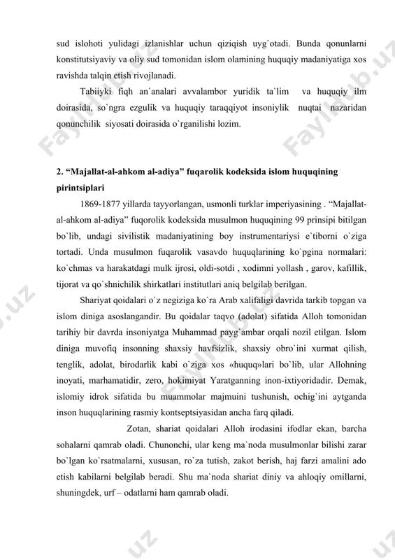 ganda inson huquqlarining rasmiy kontseptsiyasidan ancha farq qiladi. zotan, shariat qoidalari alloh irodasini ifodlar ekan, barcha sohalarni qamrab oladi. chunonchi, ular keng ma`noda musulmonlar bilishi zarar bo`lgan ko`rsatmalarni, xususan, ro`za tutish, zakot berish, haj farzi amalini ado etish kabilarni belgilab beradi. shu ma`noda shariat diniy va ahloqiy omillarni, shuningdek, urf – odatlarni ham qamrab oladi. 3.o`zbekistonning zamonaviy huquqida islom dinining ahamiyati hozirgi o`zbek jamiyatining o`ziga xos hususiyati shundaki ,unda islom dini xalq madaniyatining bir bo`lagi, umumbashariy qadriyatlarinlng tartuvchisi milliy ma`naviy an`analarni saqlovchi sifatida qabul qilinadi. diniy prinsiplar va normalar jamiyatdagi ma`naviy-axloqiy holatning o`ziga xos mezoni bo`lib xizmat qiladi.din va uning normalari hamda prinsiplarining jamiyat hayotiga kuchli ta`sir ko`rsatishi ma`na shundadir. ular orqali ma`lum darajada o`zbek xalqining mentaleti va xalq qabul qilgan qadriyatlar belgilanadi. shuni alohida qayd etish kerakki, musulmon mamlakatlarida diniy tashkilot bir vaqtning o`zida asosiy davlat tashkiloti bo`lgan davrlar ham bo`lgan. musulmon olamida bo`nday birlashuv tarihi muhammad payg`ambarning o`zlaridan …