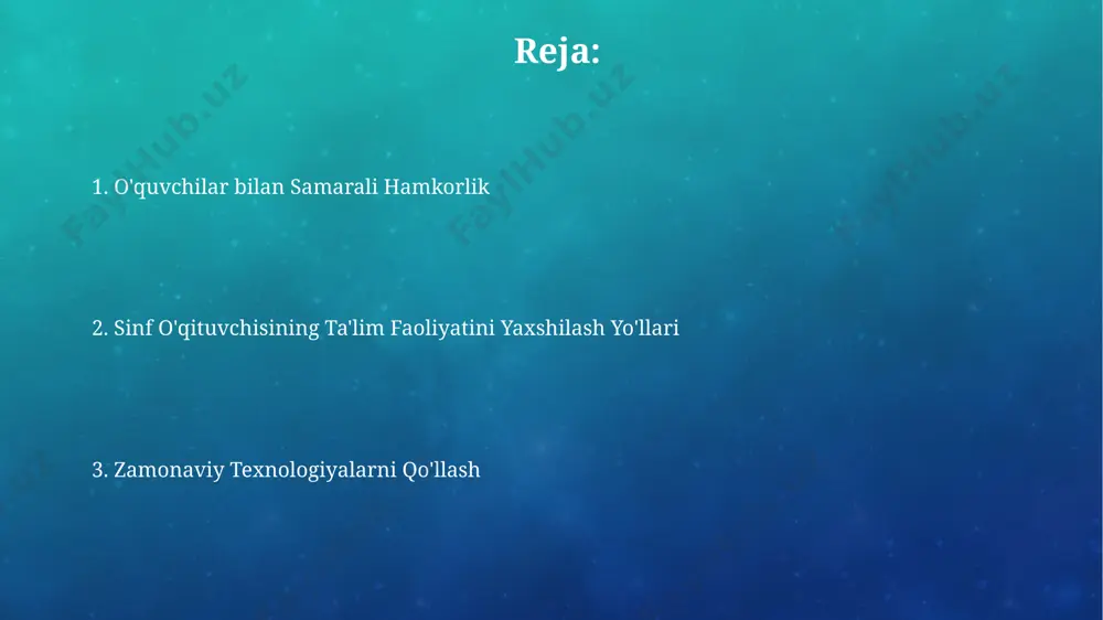 , khan academy va coursera'dan foydalanib, o'quvchilarga individual yondashuvni ta'minlash va ularning bilim darajalarini 25% ga yaxshilash mumkin, bu esa andijon viloyati maktablaridagi o'quv jarayonini sifat jihatidan yaxshilaydi. zamonaviy ta'lim platformalari, masalan, google classroom yoki edmodo orqali 20 dan ortiq o'quvchilar bilan o'zaro ta'sirni kuchaytirish va 50% ga yaqin vaqtni tejash mumkin. o'zbekiston maktablarida bu texnologiyalarni qo'llash samaradorligini oshiradi. o'qituvchi va ota-onalar o'rtasidagi hamkorlikni mustahkamlash toshkent shahridagi 10 ta maktab tajribasiga ko'ra, "ota-onalar kengashi" ning faol ishtiroki va haftalik onlayn-uchrashuvlar o'qituvchilarning ish yukini 20% kamaytirib, samaradorligini oshirdi. samarqanddagi 200 dan ortiq oila bilan o'tkazilgan so'rov natijalari shuni ko'rsatdiki, muntazam ota-onalar yig'ilishlari va 3 oylik hisobotlar taqdim etish o'quvchilarning o'zlashtirish ko'rsatkichlarini 15% ga oshirgan. dars ishlanmalarini takomillashtirish va diversifikatsiya qilish dars ishlanmalarini boyitish uchun 5 dan ortiq turli o'quv resurslaridan, jumladan, interfaol o'yinlar, 3d modellardan va toshkent shahridagi "ilm" markazining onlayn kutubxonasidan foydalanish samaradorlikni oshiradi. har bir darsda kamida 2 ta …