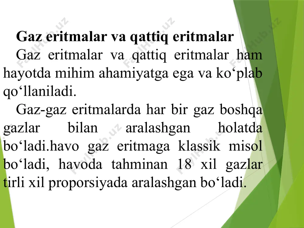igida erigan modda miqdoriga konsentratsiya deb ataladi. 1. erigan modda massasining eritmaning umumiy massasiga nisbati erigan moddaning massa ulushini ko‘rsatadi. w - erigan moddaning massa ulushi; c,% erigan moddaning % lardagi massa ulushi; m 1 - erigan modda massasi, g; m 2 - eritmaning massasi, g; m 0 - erituvchining massasi, g. 2. bir litr eritmada erigan modda miqdoriga molyar konsentratsiya deyiladi. cm - molyar konsentratsiya; m - erigan modda massasi, g; m - erigan modda molyar massasi, g/mol; n - erigan modda miqdori, mol. 0,5 m naoh – bu ifoda molyar konsentratsiyasi 0,5 mol/l bo‘lgan natriy gidroksid eritmasi ekanligini bildiradi. 3. bir kilogramm erituvchida erigan modda miqdoriga molyal konsentratsiyani ifodalaydi: c - molyal konsentratsiya, mol/kg; m - erigan modda massasi, g; m - erigan modda molyar massasi, g/mol; g - erituvchi massasi, g. 3. bir litr eritmada erigan modda ekvivalent miqdoriga normal (ekvivalentning molyar) konsentratsiya deyiladi: cn – erigan …