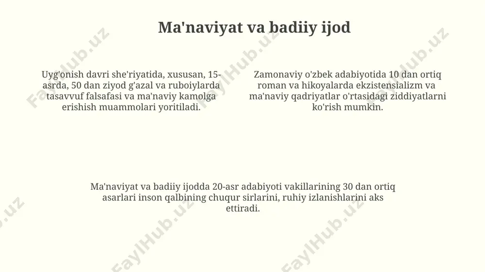 ga intilish kabi muhim mavzular yoritilib, adabiyotning ijtimoiy ta’sirini ko‘rsatadi. sovet davrida senzura sharoitida ham adabiyotda yashirin ma’naviy qidiruvlar davom etib, ramziy til va allegoriya orqali 20 dan ortiq asarda insoniylik, erkinlik va milliy o‘zlik g‘oyalari ifodalangan. adabiy asarlardagi diniy motivlar taxminan 50 ta tanlangan oʻzbek adabiyoti namunalarini tahlil qilish natijasida diniy mavzularning adabiy asarlarning mazmun-mohiyatiga taʼsir darajasi aniqlangan. adabiyotda diniy motivlarning 10-20-asrlar oraligʻidagi evolyutsiyasi, masalan, islom dinining taʼsiri ostida yaratilgan asarlardagi obrazlar va ramzlarning oʻzgarishini koʻrsatadi. badiiy adabiyotda uchraydigan 3 ta asosiy diniy mavzu – iymon, gunoh va najot – har xil adabiy janrlarda turlicha ifodalanadi, metaforalar va allegoriyalar orqali. e'tiboringiz uchun rahmat @taqdimot_robot