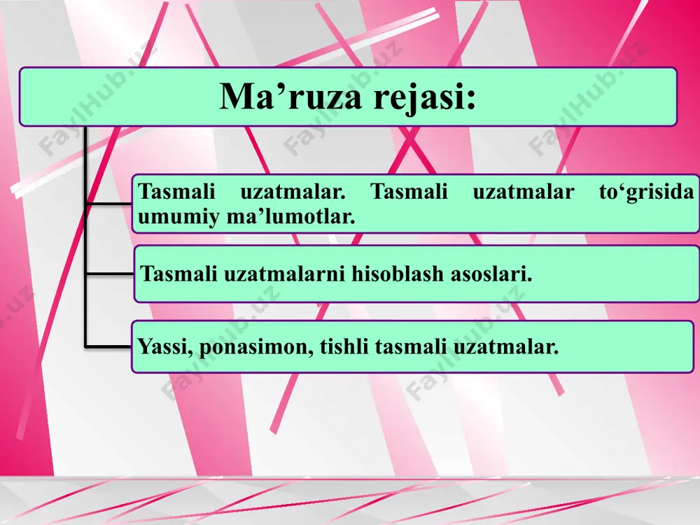 sm, v) tasmali bo’ladi. 1-rasm. tasmali uzatmaning turlari tasmaning tarangligi, qamrov burchagi hamda ishqalanish koeffisienti qancha katta bo’lsa, tasmali uzatmaga shuncha katta yuklama qo’ysa bo’ladi. odatda, taranglik tasmaning elastik deformasiyasi hisobiga hosil qilinadi. biroq vaqt o’tishi bilan tasma cho’zilib qolganligidan uning tarangligi kamayadi. bunday hollarda, talab qilingan taranglikka erishish uchun uzatmalar maxsus qurilmalar bilan ta’minlanadi. odatda, tasmali uzatmalar quvvati 50 kvt gacha bo’lgan vallarning biridan ikkinchisiga harakat uzatishda ishlatiladi. zamonaviy mashinasozlikda ponasimon tasmalar keng qo’llaniladi. yassi tasmalarning yangi konstruksiyasi (plastmassali plenkali tasmalar) yuqori tezlikli uzatmalarda qo’llaniladi. doirasimon tasmalar faqat kichik quvvat uzatishda qo’llaniladi. tasmali uzatmalarning ishlash qobiliyatining asosiy mezonlari: tasmaning tortish qobiliyati va chidamliligi hisoblanadi. hozirgi vaqtda tortish qobiliyati bo’yicha hisoblash tasmali uzatmalarning asosiy hisobi sanaladi. tasmaning chidamliligi tajriba yo’li bilan belgilangan tavsiyalar asosida baholanadi. кinematik parametrlari. shkivlardagi aylana tezlik, ; . bu yerda ε-sirpanish koeffisienti (ε≈0,01…0,02). uzatish nisbati geometrik parametrlari. 2-rasmda a-o’qlararo masofa; β-tasma tarmoqlari orasidagi burchak; α-kichik shkivni …
