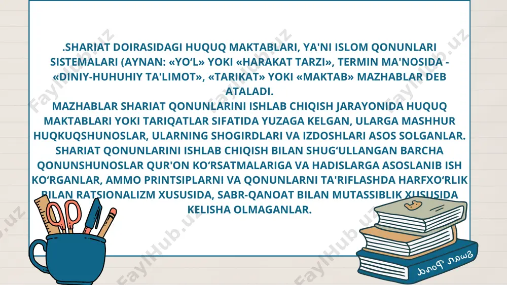 dat mirzalik qilgan, xoʻjand, samarqand, buxoro, toshkent, oʻsh, andijon, margʻilon shaharlarida boʻlgan. togʻasi muhammad siddiq bilan madinani ziyorat qilgan (1900). 1903-yil qoʻqonga qaytgan. zavqiy mumtoz oʻzbek adabiyoti anʼanalarini davom ettirgan, qoʻqon adabiy muhitining muqimiy, furqat, nodira, rojiy kabi namoyandalari bilan ijodiy hamkorlik qilgan. n a s i h a t islom dastlabki davrda hech qanday yoʻnalish, mazhab va oqimlarga boʻlinmagan. 7- asrning oʻrtalarida turli siyosiy sabablarga koʻra, musulmonlar safida boʻlinish paydo boʻldi. avval shialar, keyin xorijiylar musulmonlar ommasidan ajrab chiqdilar. ular oʻzining haqligini isbot qilish uchun oʻz fikrini, yoʻnalishini himoya qila boshladi, shu tariqa har guruhning oʻziga xos aqidasi shakllana bordi.sunniylik (sunna soʻzidan) - islom dinidagi 2 asosiy yoʻnalishdan biri va eng keng tarqalgani. jahondagi barcha musulmonlarning taxminan 93% i sunniylikka (qolgan 7% i shialikka) mansub (2004). sunniylik tarafdorlari, asosan, osiyo va afrikada (pokiston, bangladesh, hindiston, indoneziya, malayziya, xitoy, o'rta osiyo mamlakatlari, afgʻoniston, turkiya, arabiston yarim orol va fors koʻrfazi …