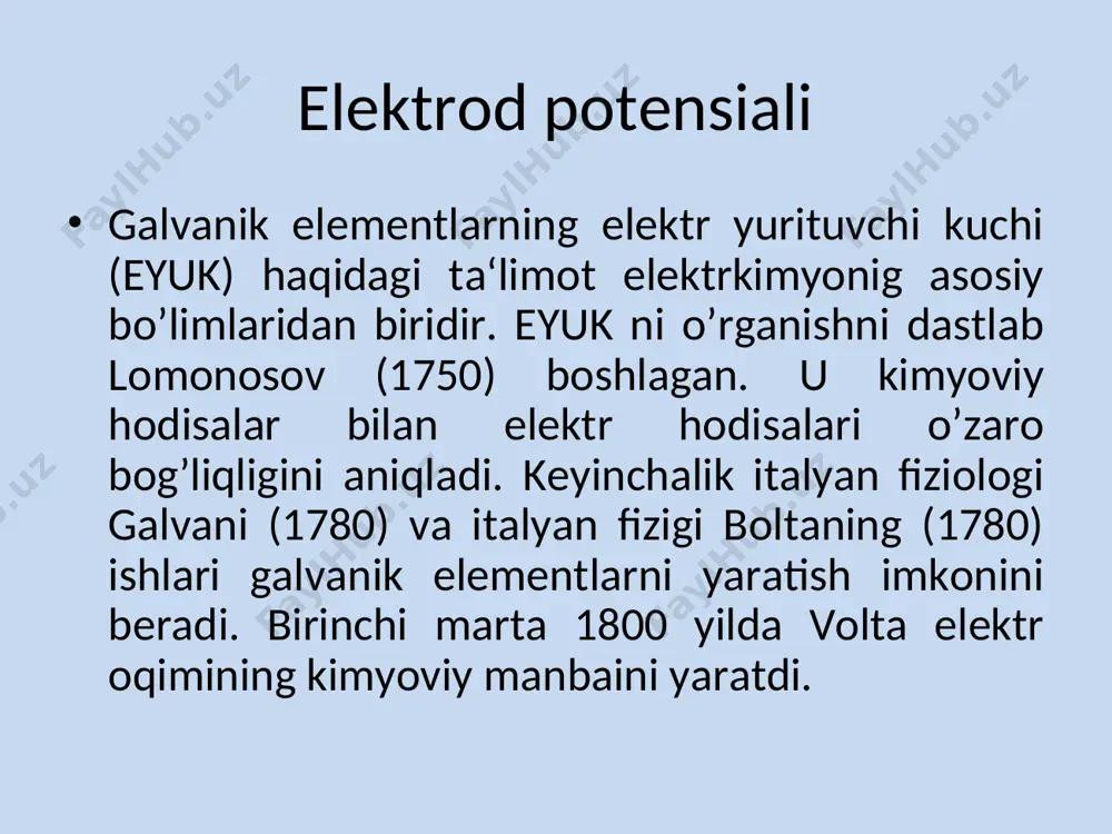 idagi har qanday galvanik elementning elektr yurituvchi kuchi eritmaning ph iga bog’liq. eritmalarning ph ini potentsiometrik aniqlash uchun galvanik elementning eyuk aniqlab, ph va bog’lanish formulasiga quyiladi, so’ngra ph hisoblanadi. galvanik elementning eyuk kompensatsiya usuli bilan aniqlanadi. galvanik element ishlash jarayonida unda bo’ladigan o’zgarishlar natijasida eyuk kamaya boradi. kompensatsiya usuli kompensatsiya usulining mohiyati shundaki, bunda o’lchanayotgan eyuk ga teng miqdorda qarama – qarshi yo’nalishda ma‘lum qiymatli eyuk ulanadi. bu sharoitda qarama – qarshi yo’nalishdagi eyuk lar bir – birini kompensatsiyalaydi va tekshirilayotgan element elektr oqimi bermaydi. eyuk ni o’lchash uchun etalon sifatida ishlatiladigan galvanik elementga normal element deb ataladi. veston elementi bunday element sifatida veston elementi qo’llaniladi. bu elementda kadmiyning oksidlanishi va simobning qaytarilishi hisobiga elektr oqimi hosil bo’ladi. cd + hg2so4 = cdso4 + 2hg yoki ion holida yozilsa cd + hg22+ = cd2+ + 2hg elementda musbat qutb vazifasini simob, manfiy qutb vazifasini esa kadmiy amalgamasi o’taydi. veston …